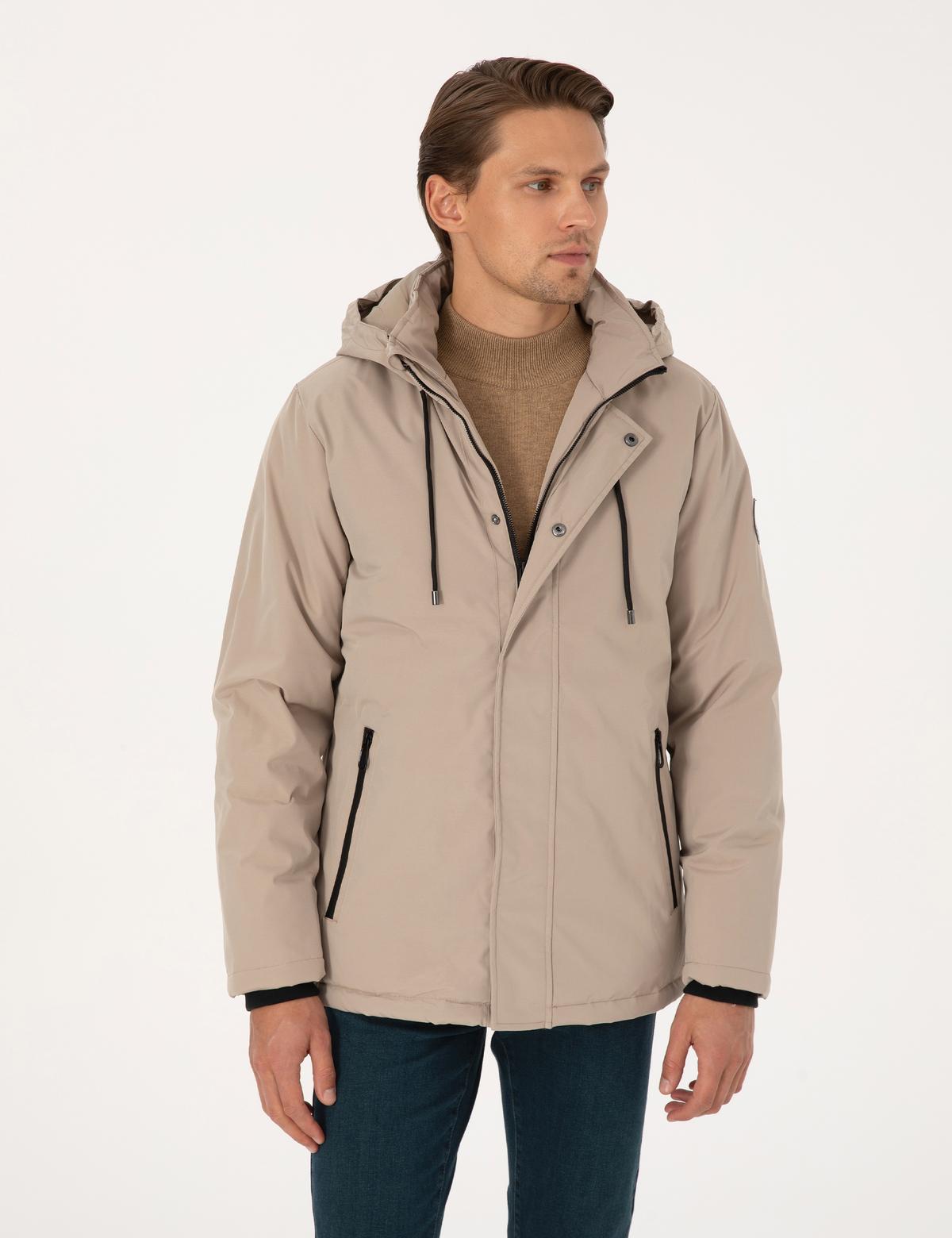 Bej Kapüşonlu Mont - 50313983021