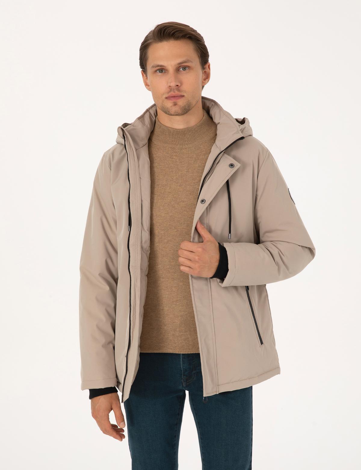 Bej Kapüşonlu Mont