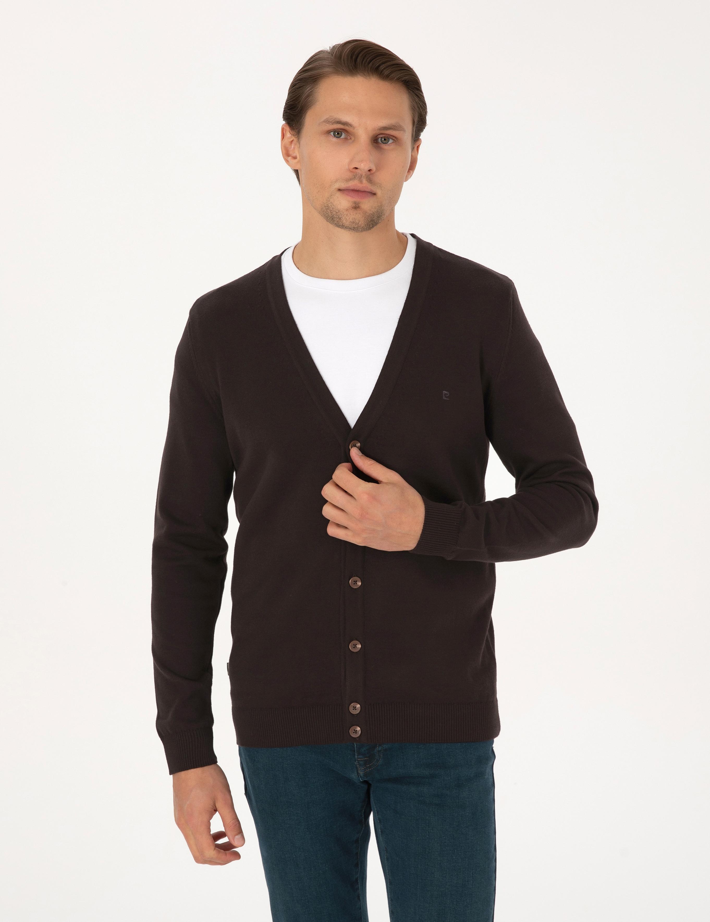 Koyu Kahverengi Slim Fit Basic Düğmeli Triko Hırka