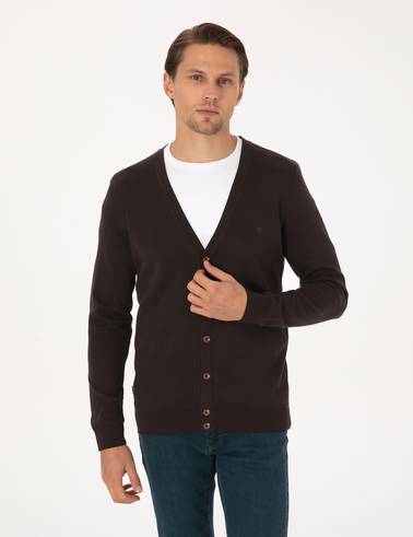 Koyu Kahverengi Slim Fit Basic Düğmeli Triko Hırka