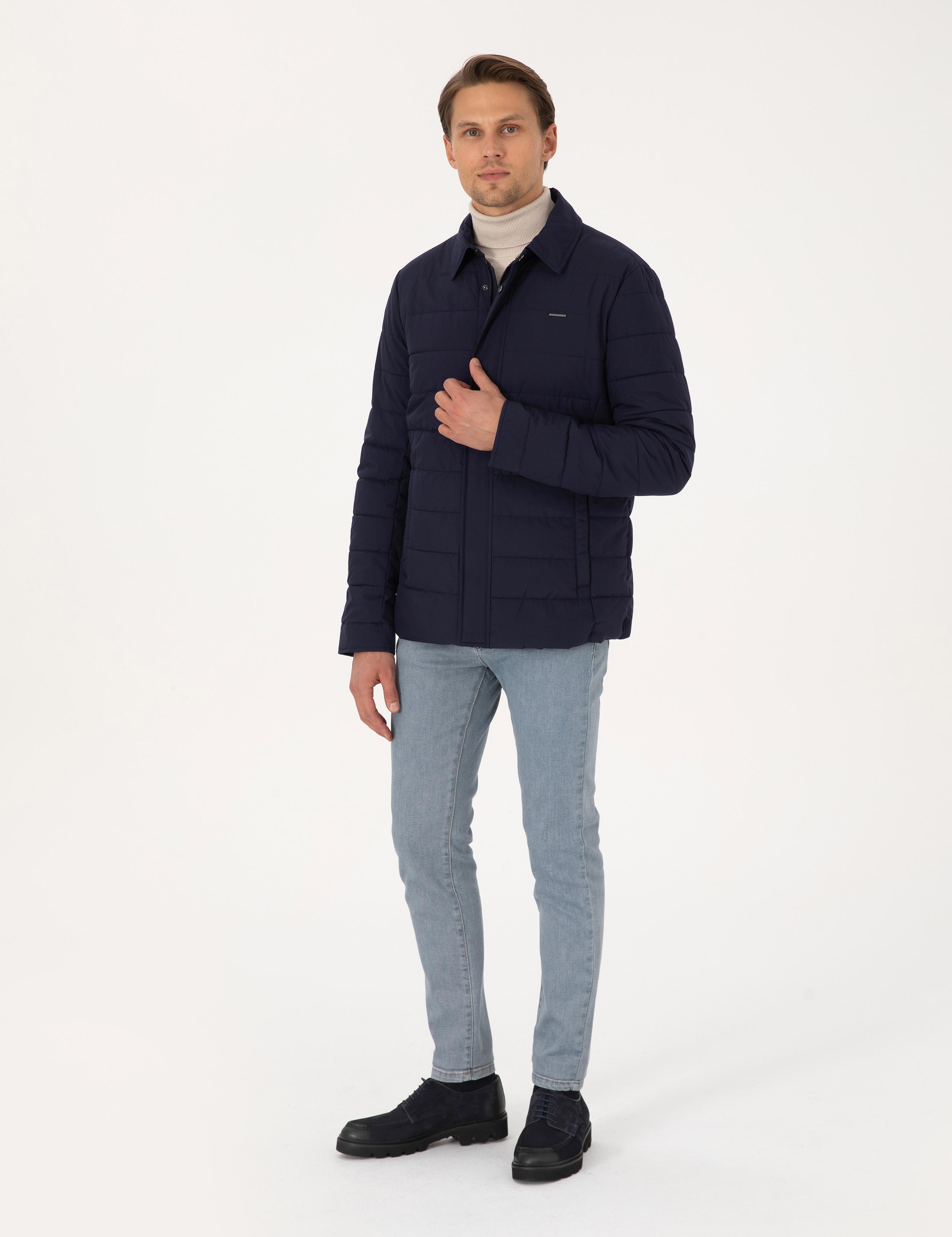 Lacivert Gömlek Yaka Mont