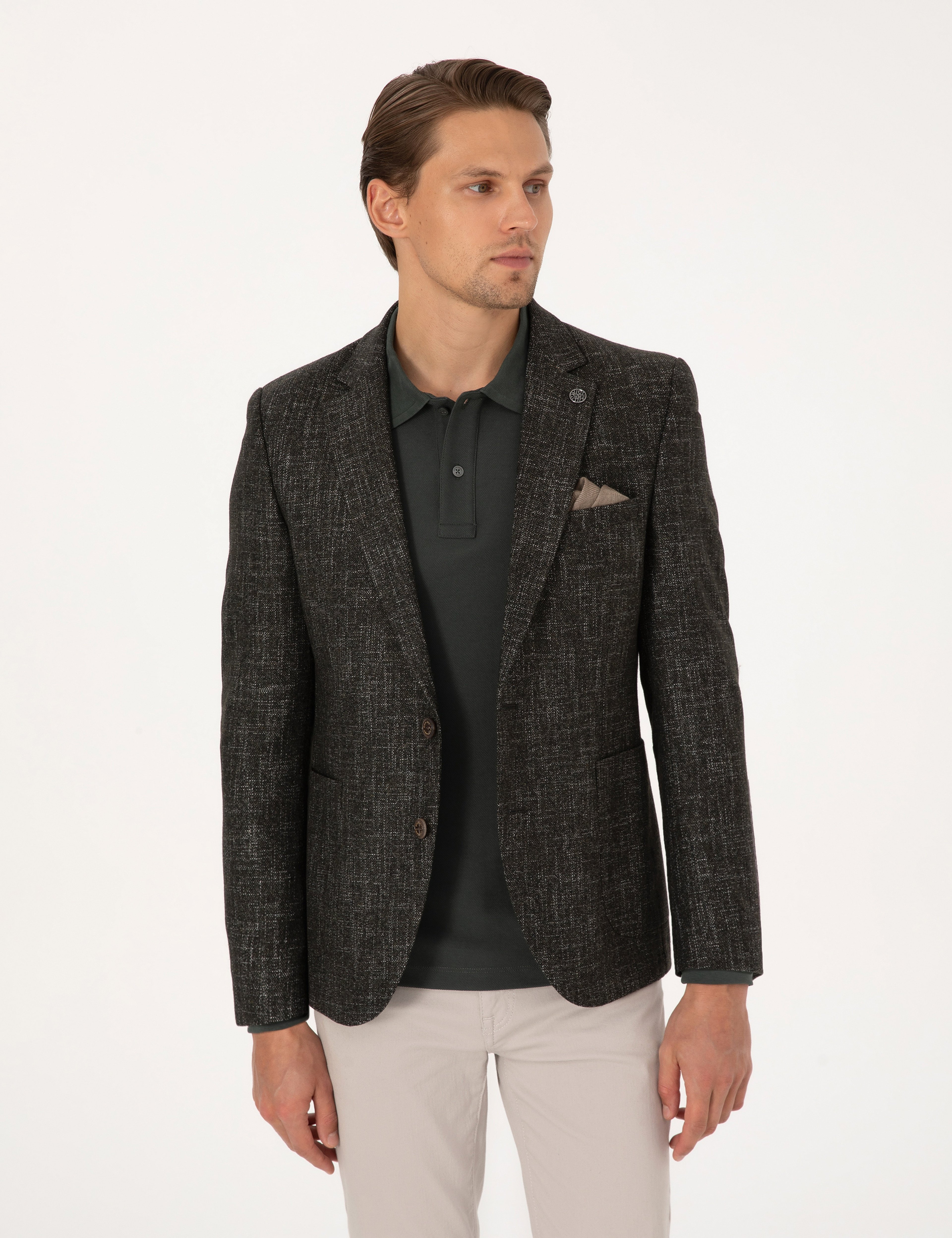 Haki Ex. Slim Fit Yün Karışımlı Ceket