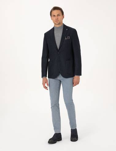 Lacivert Slim Fit Yün Karışımlı Balıksırtı Ceket