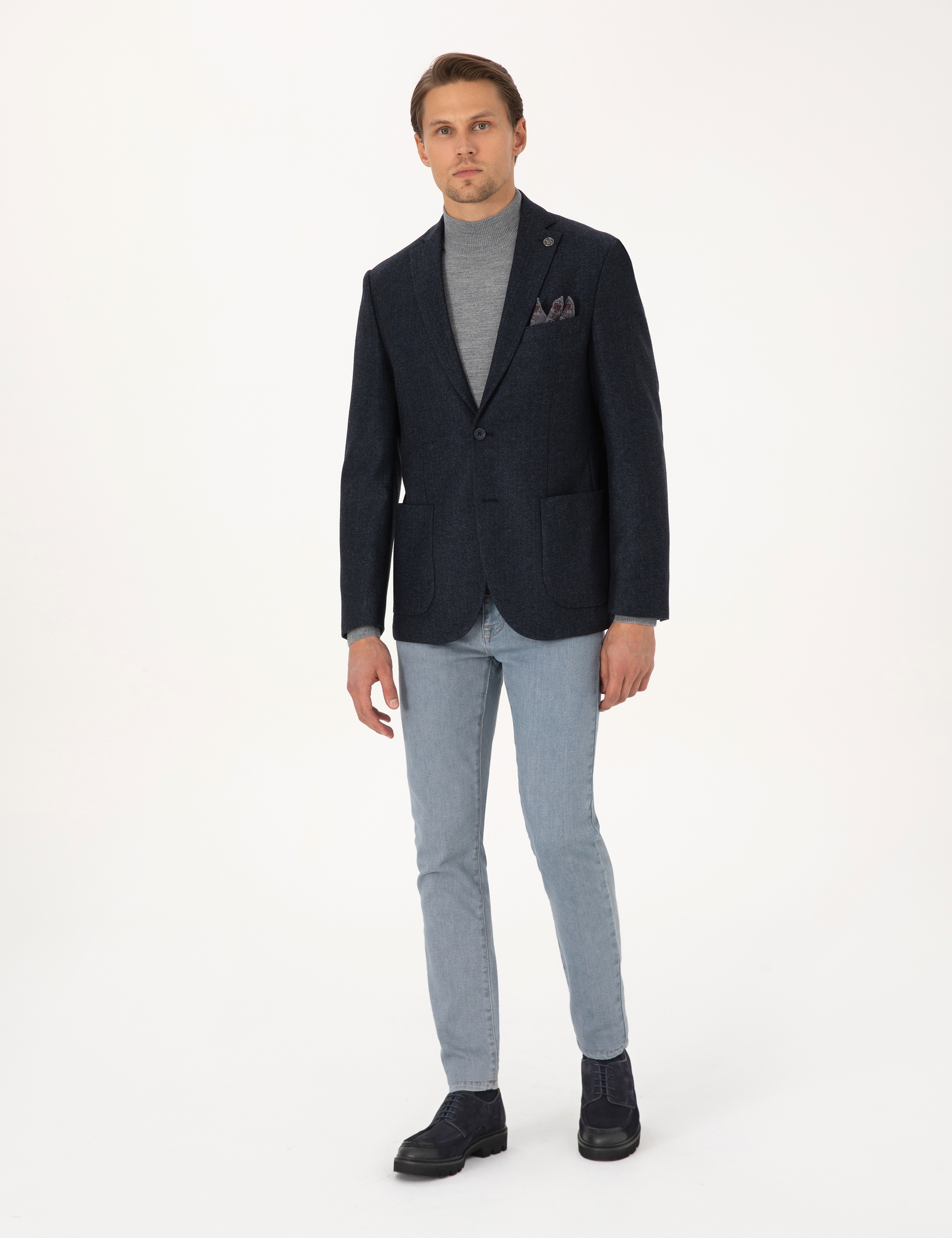 Lacivert Slim Fit Yün Karışımlı Balıksırtı Ceket