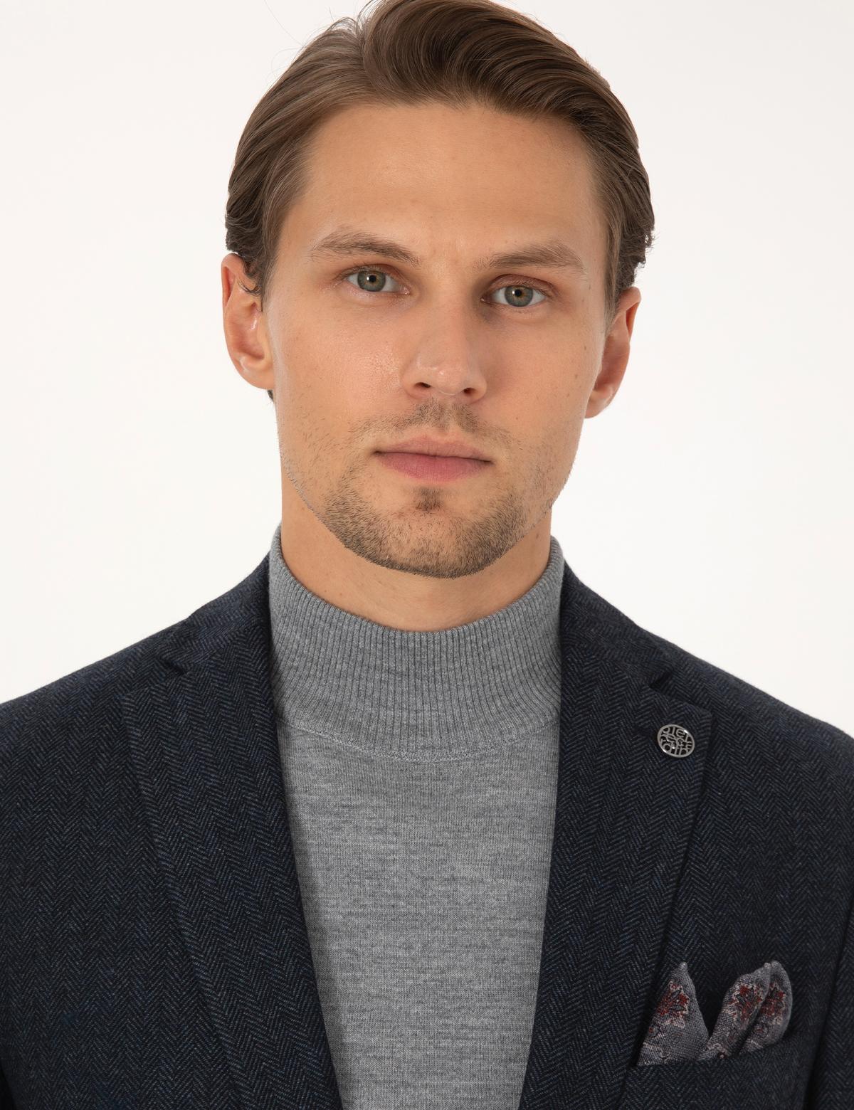 Lacivert Slim Fit Yün Karışımlı Balıksırtı Ceket - 50311215101