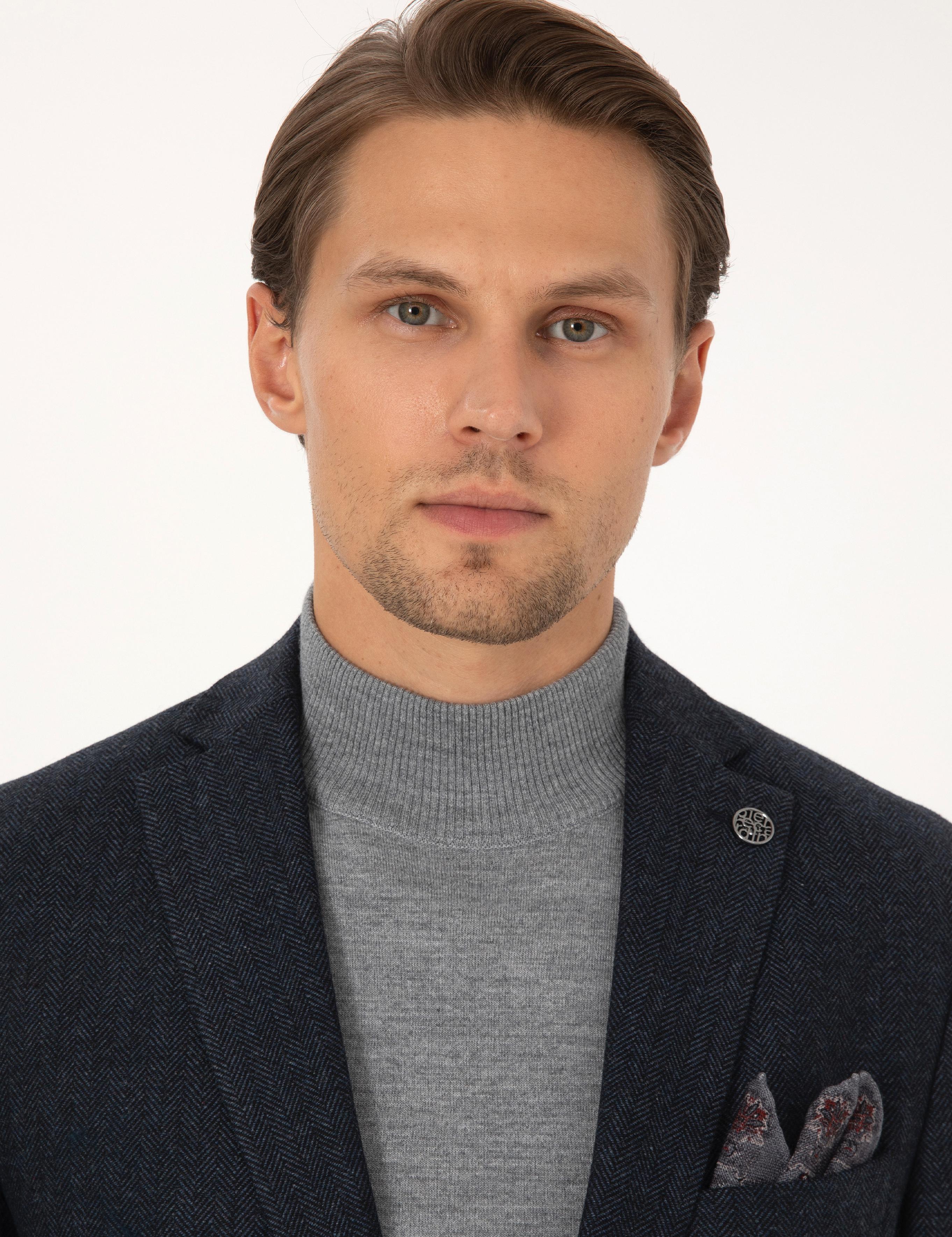 Lacivert Slim Fit Yün Karışımlı Balıksırtı Ceket