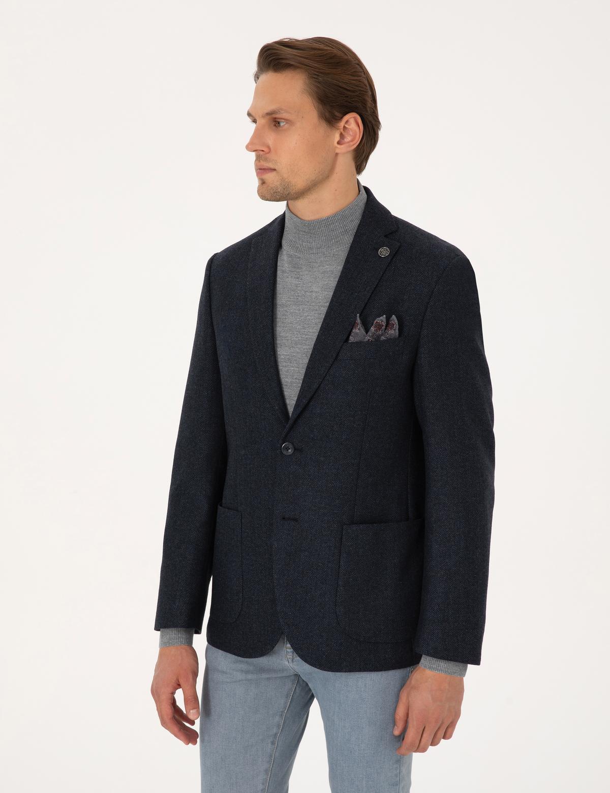 Lacivert Slim Fit Yün Karışımlı Balıksırtı Ceket - 50311215101