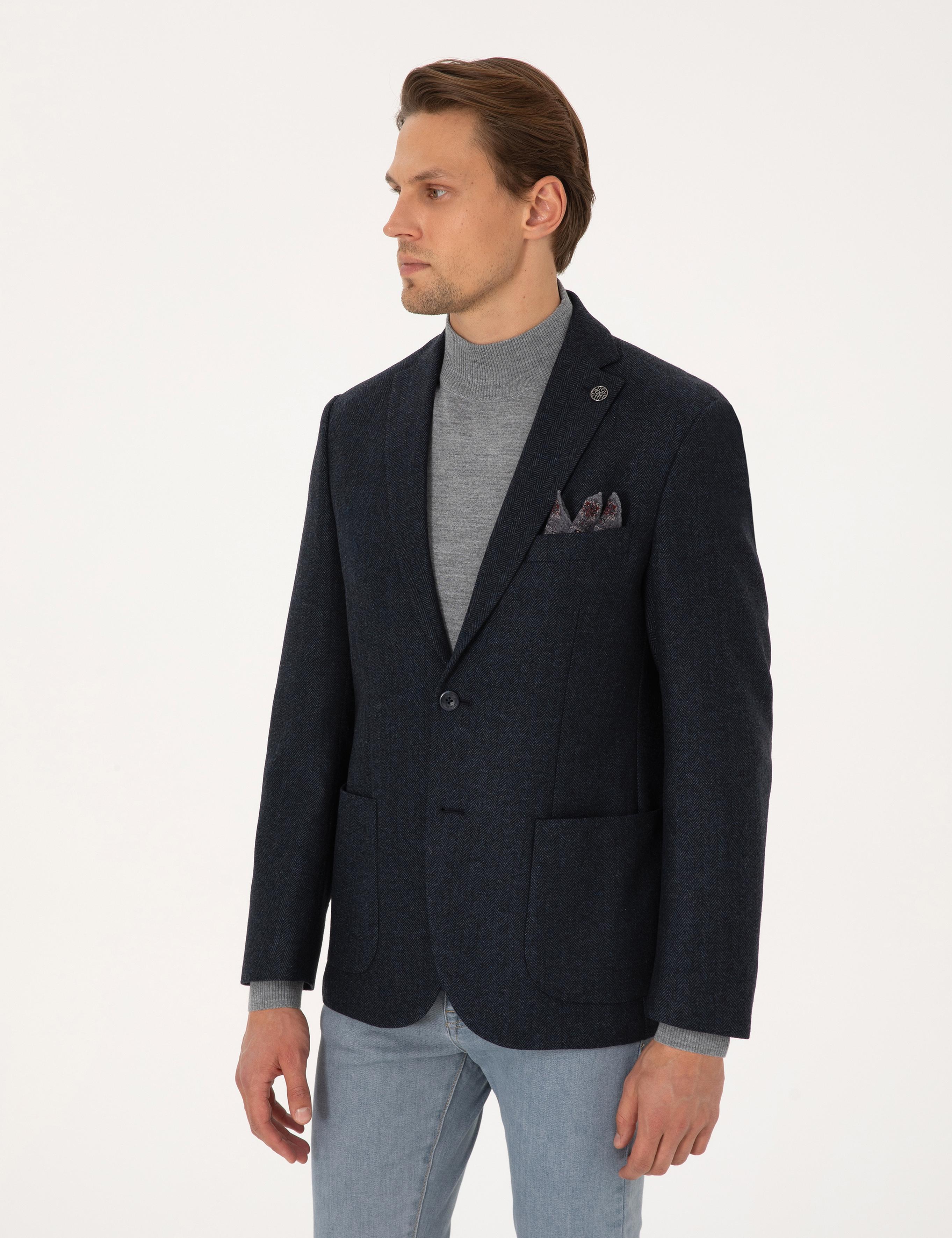 Lacivert Slim Fit Yün Karışımlı Balıksırtı Ceket