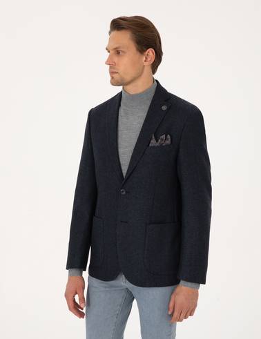 Lacivert Slim Fit Yün Karışımlı Balıksırtı Ceket