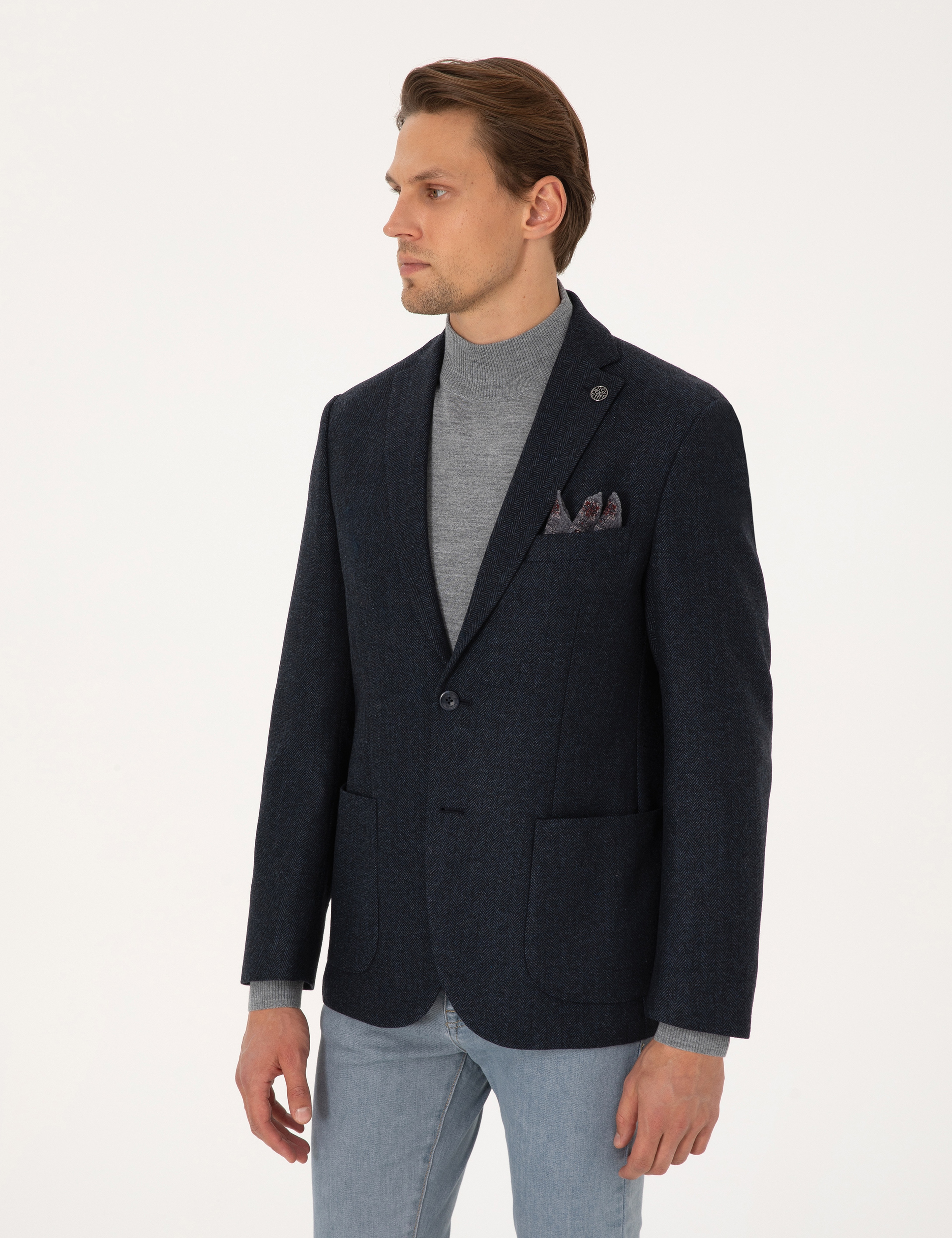 Lacivert Slim Fit Yün Karışımlı Balıksırtı Ceket - Image 3