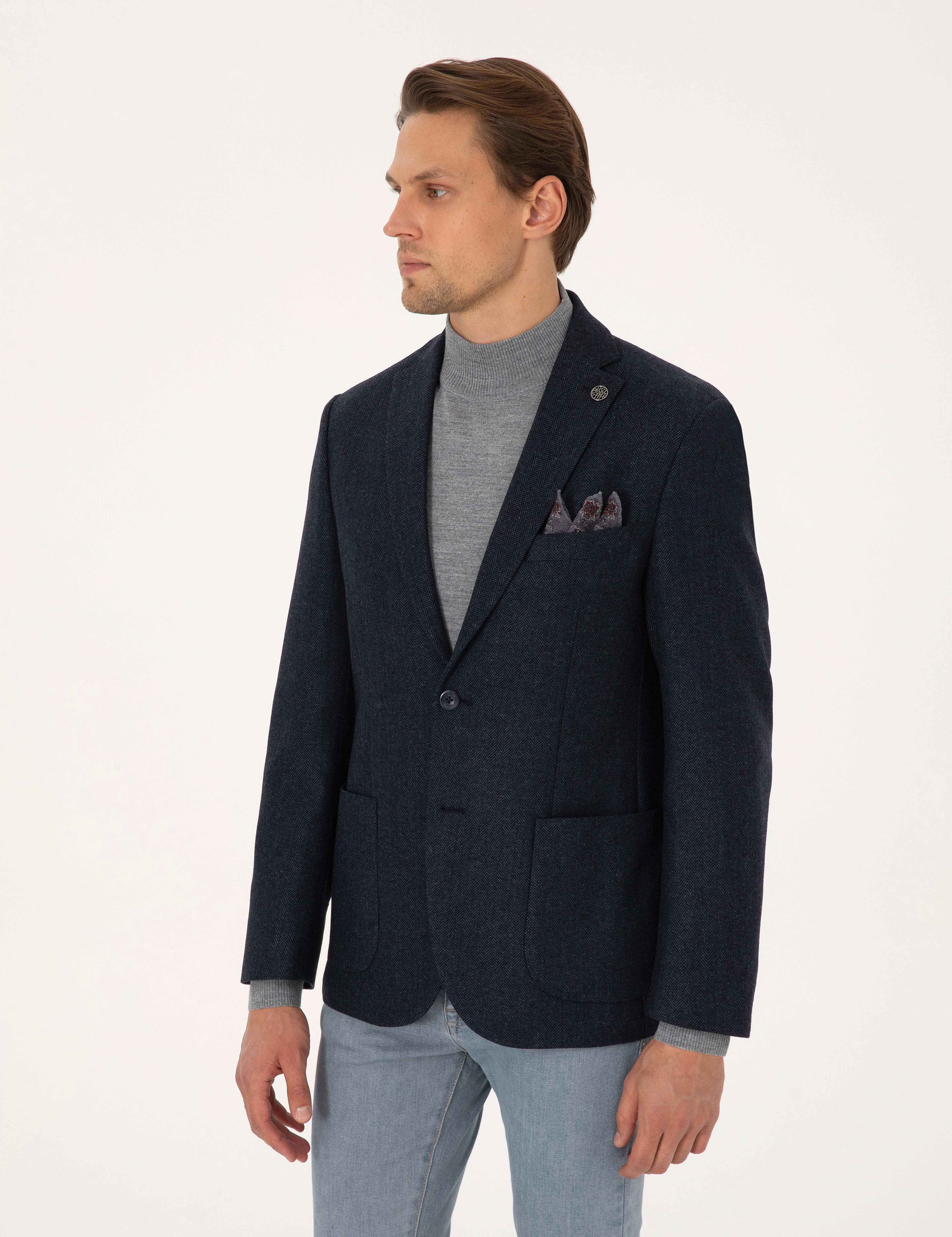 Lacivert Slim Fit Yün Karışımlı Balıksırtı Ceket