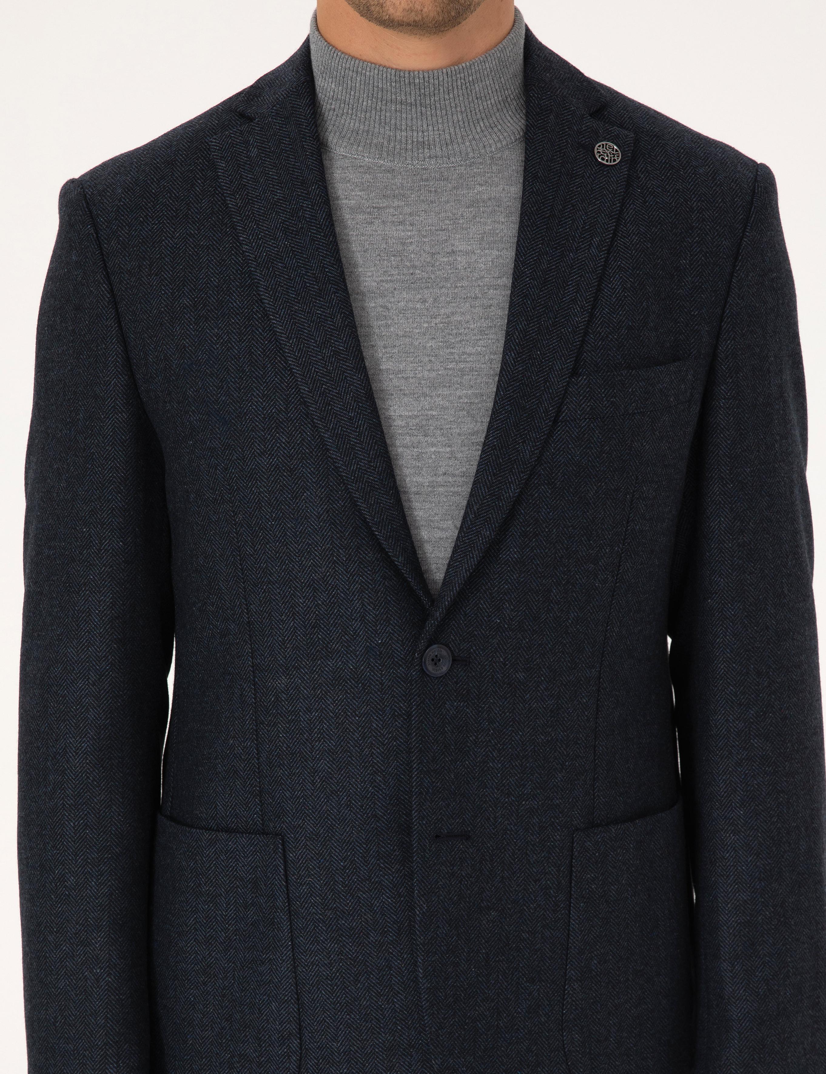 Lacivert Slim Fit Yün Karışımlı Balıksırtı Ceket