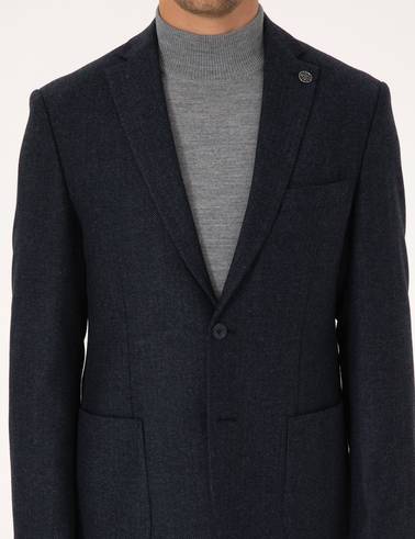 Lacivert Slim Fit Yün Karışımlı Balıksırtı Ceket