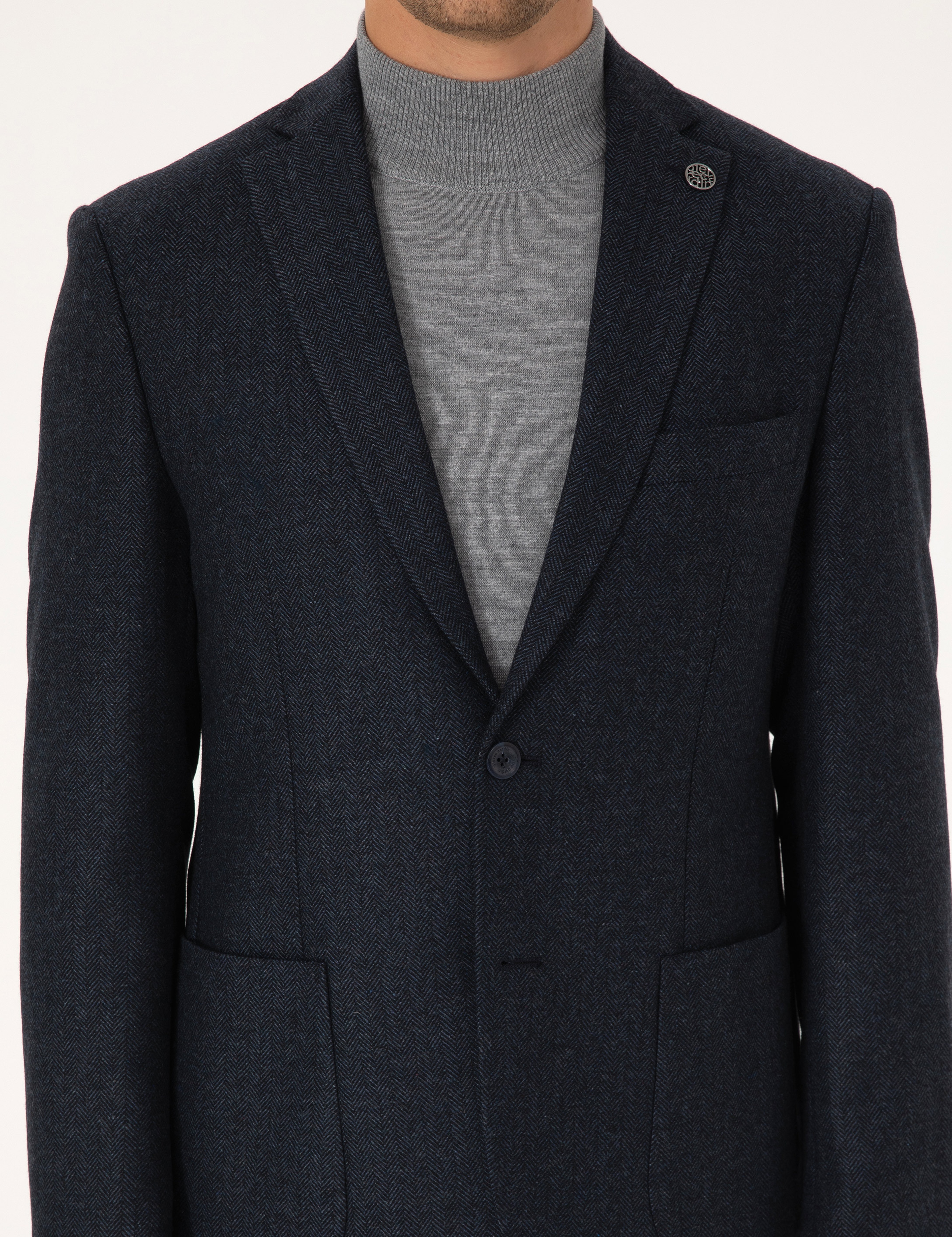 Lacivert Slim Fit Yün Karışımlı Balıksırtı Ceket - Image 7