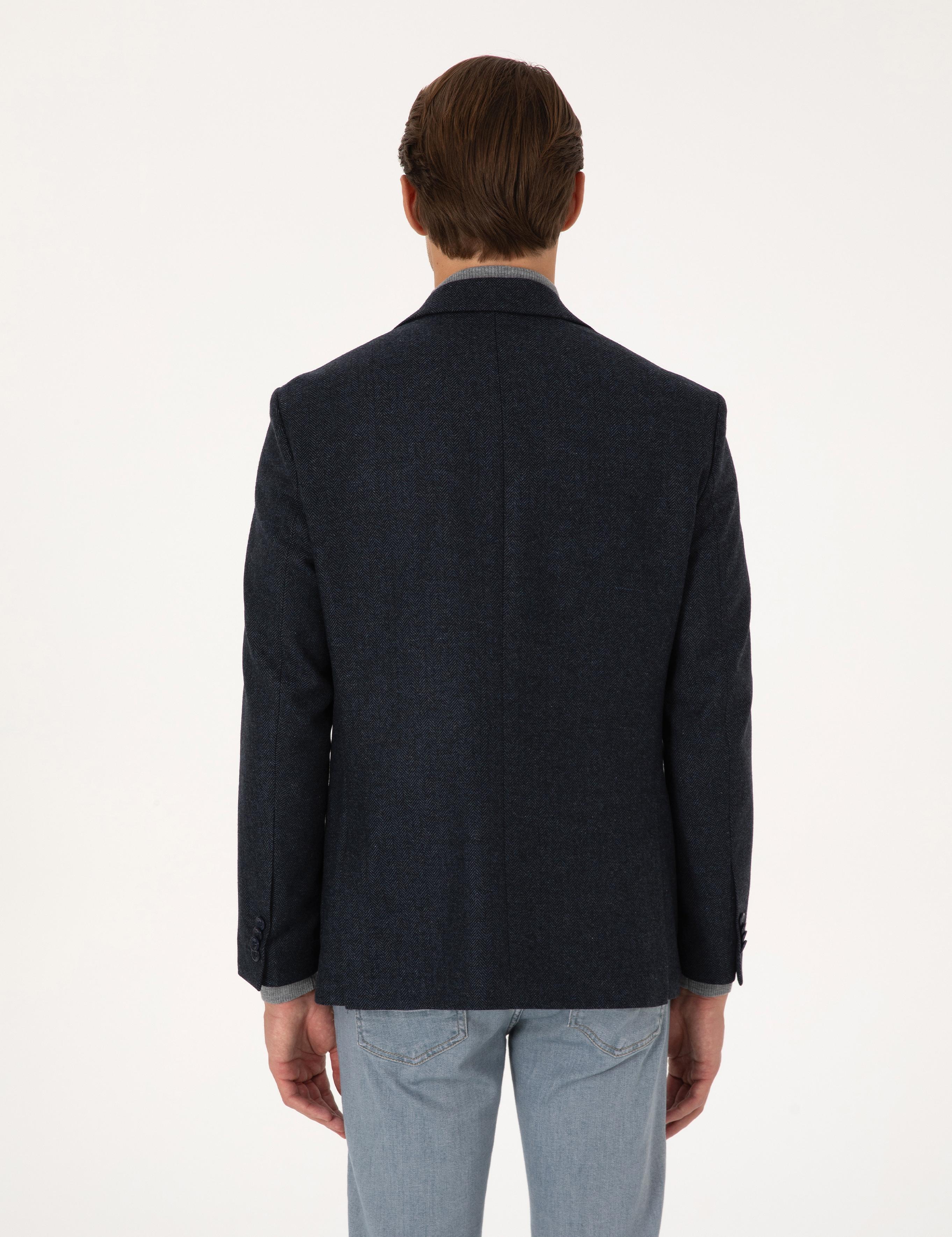 Lacivert Slim Fit Yün Karışımlı Balıksırtı Ceket