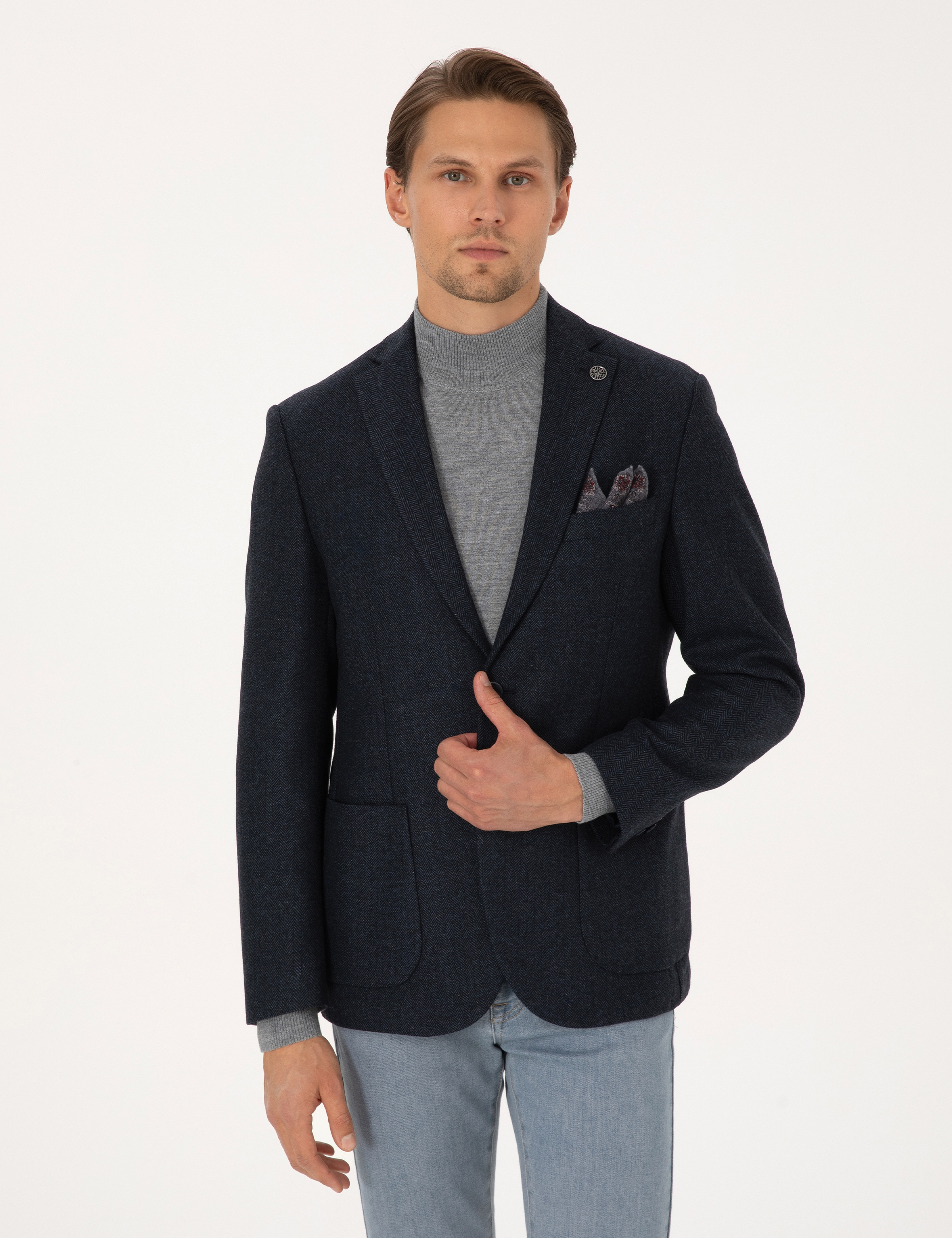 Lacivert Slim Fit Yün Karışımlı Balıksırtı Ceket - Image 1