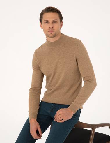 Camel Melanj Slim Fit Yarım Balıkçı Yaka Basic Triko Kazak