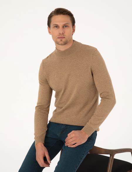 Camel Melanj Slim Fit Yarım Balıkçı Yaka Basic Triko Kazak - 50315457067