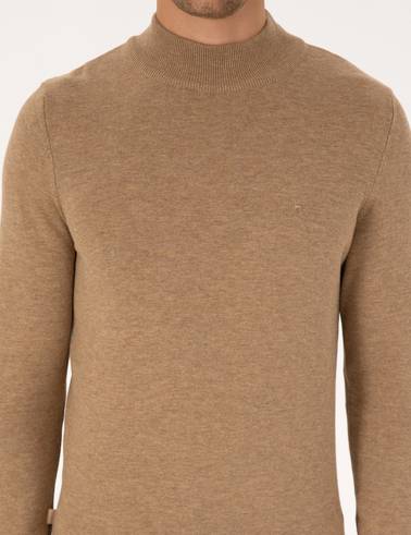 Camel Melanj Slim Fit Yarım Balıkçı Yaka Basic Triko Kazak