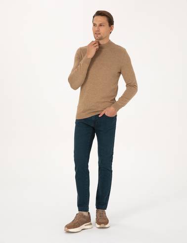 Camel Melanj Slim Fit Yarım Balıkçı Yaka Basic Triko Kazak