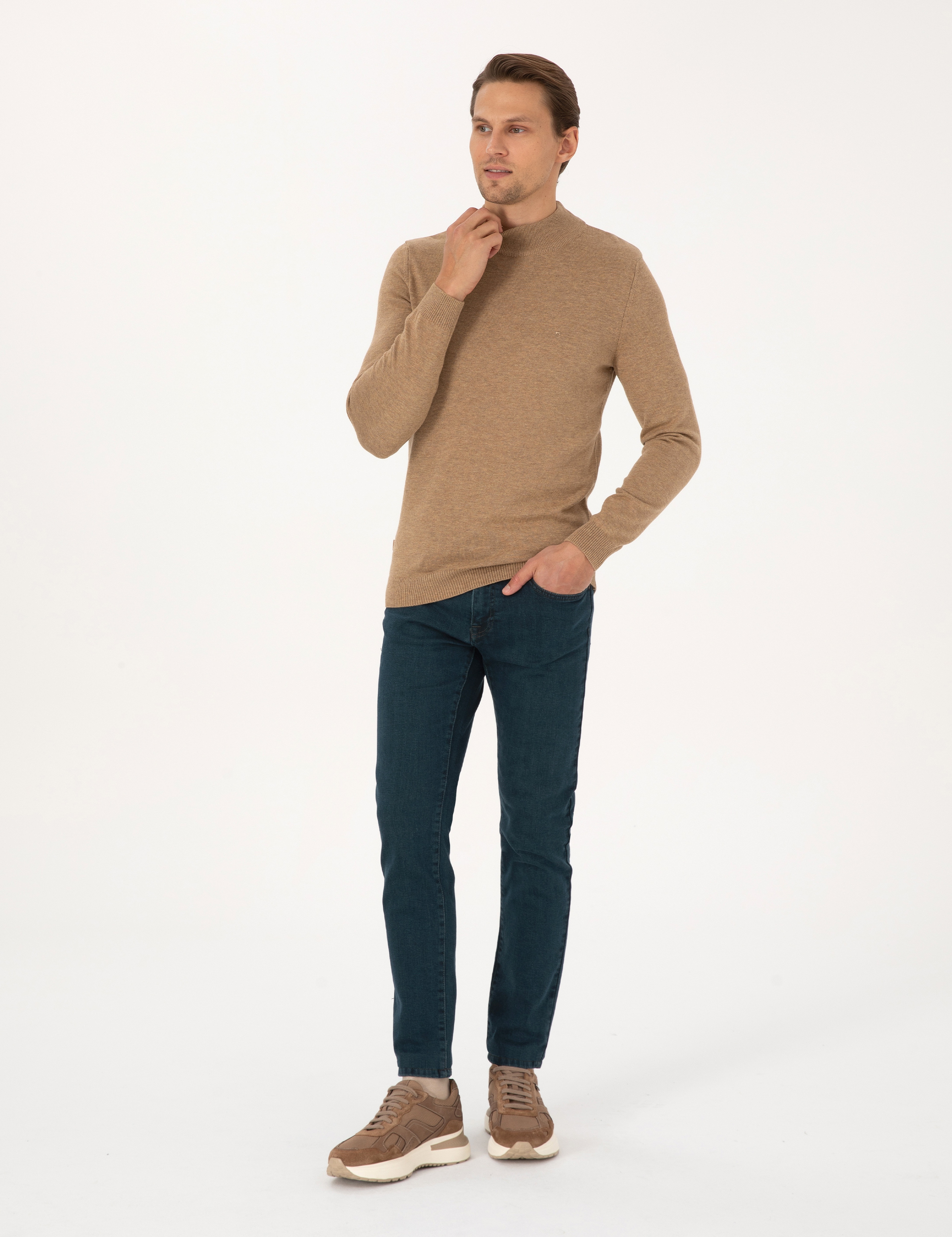 Camel Melanj Slim Fit Yarım Balıkçı Yaka Basic Triko Kazak - Image 4
