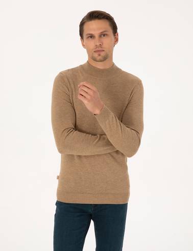 Camel Melanj Slim Fit Yarım Balıkçı Yaka Basic Triko Kazak