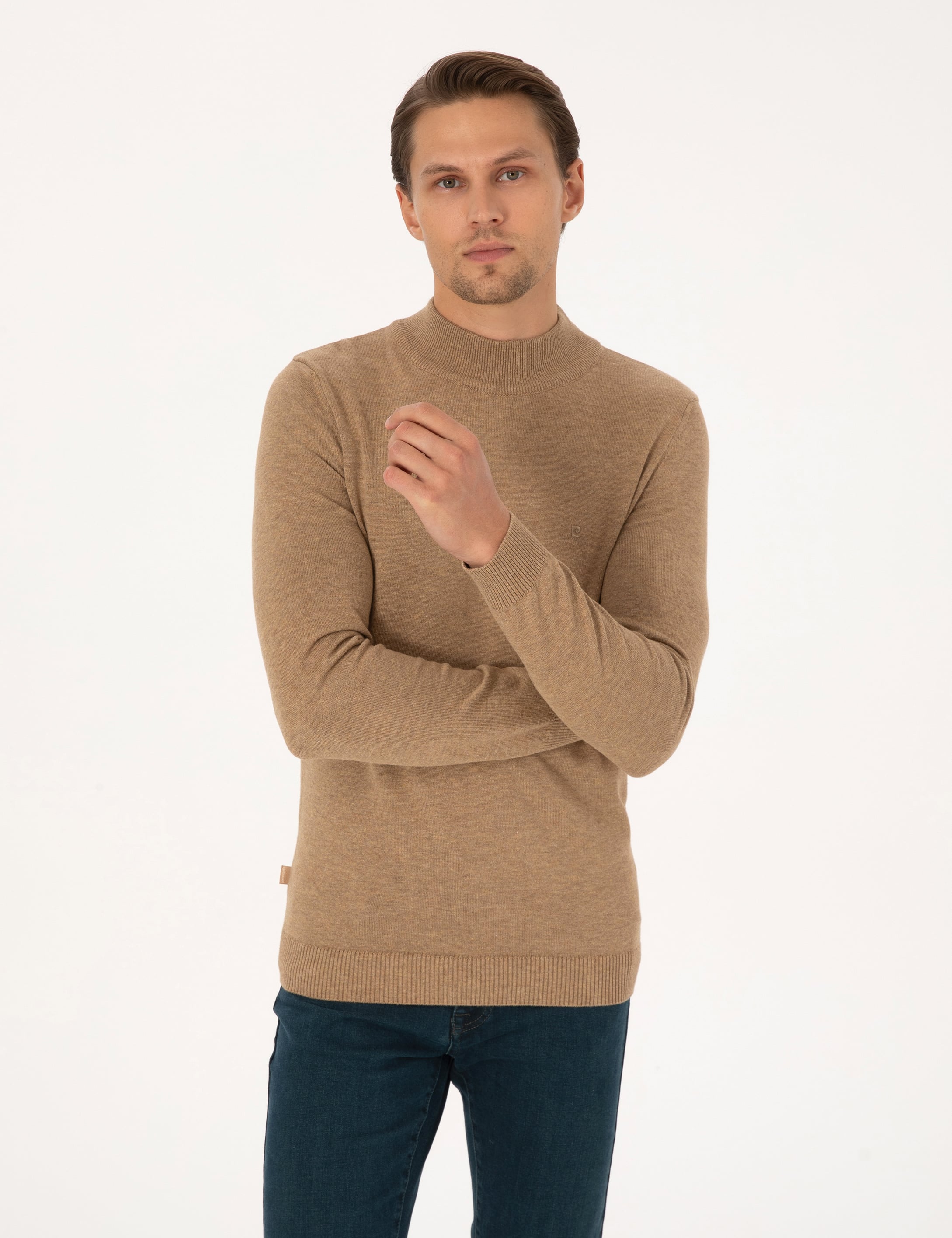 Camel Melanj Slim Fit Yarım Balıkçı Yaka Basic Triko Kazak