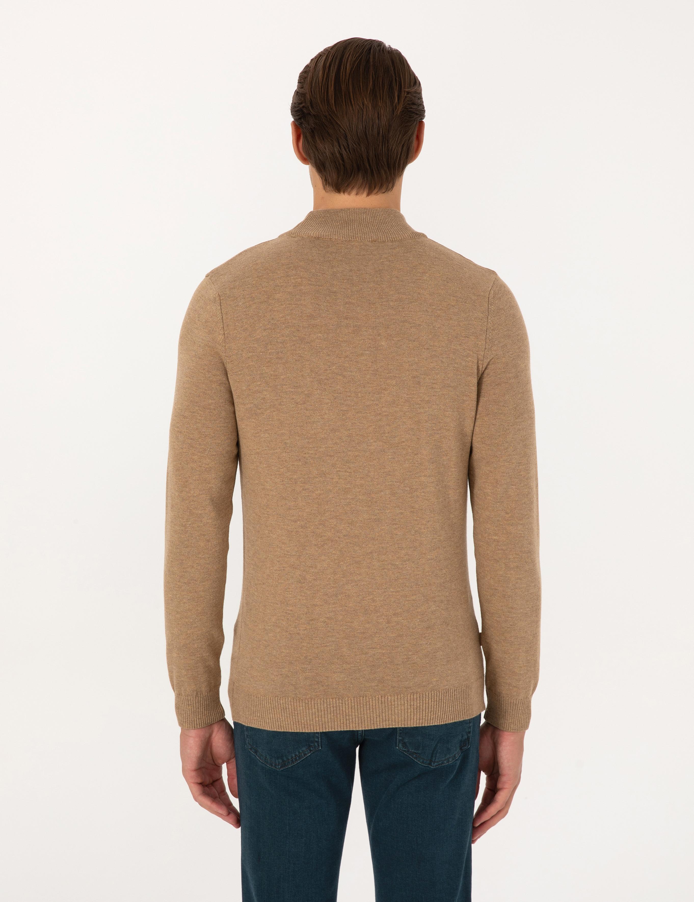 Camel Melanj Slim Fit Yarım Balıkçı Yaka Basic Triko Kazak