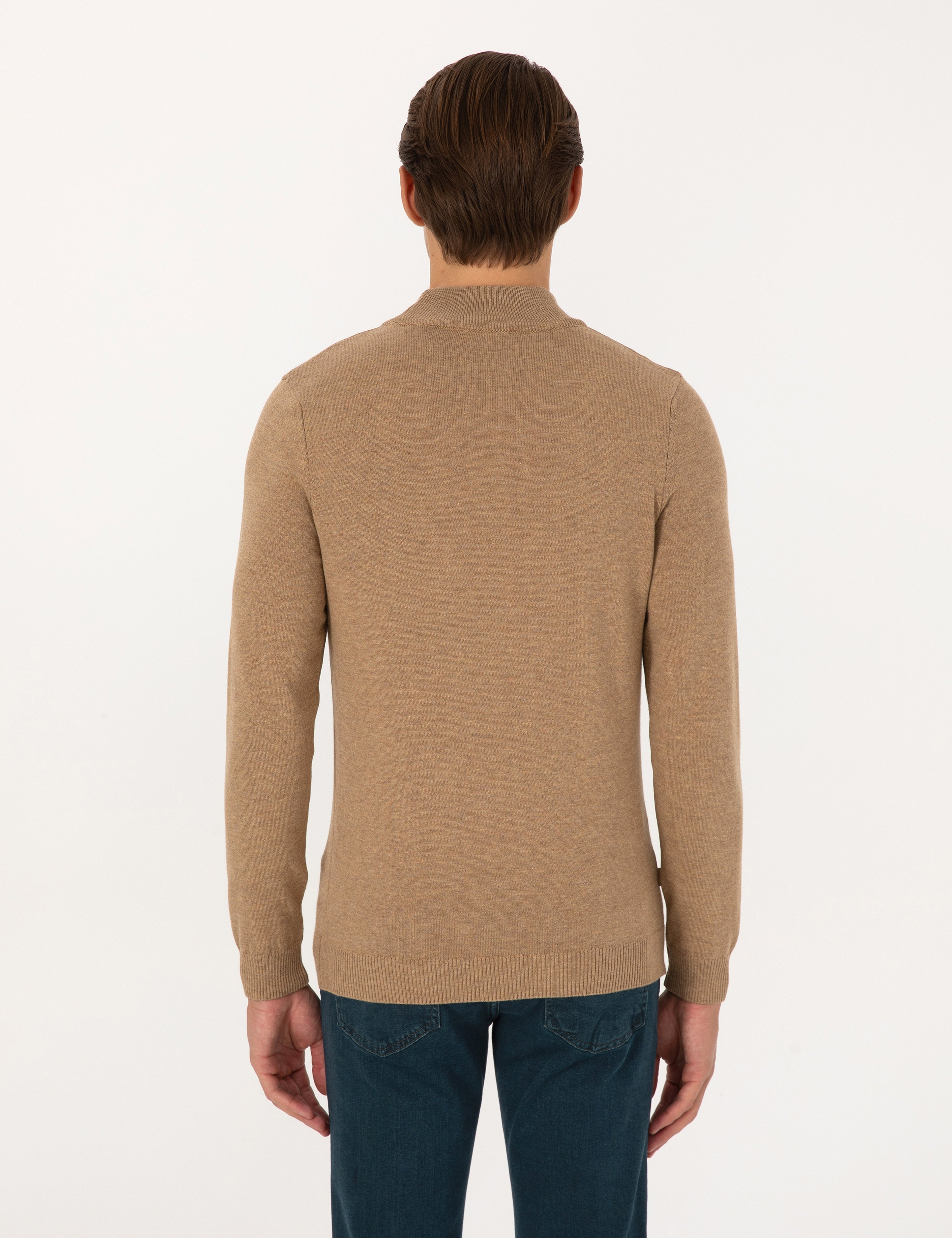 Camel Melanj Slim Fit Yarım Balıkçı Yaka Basic Triko Kazak