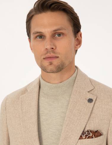 Bej Slim Fit Yün Karışımlı Ceket