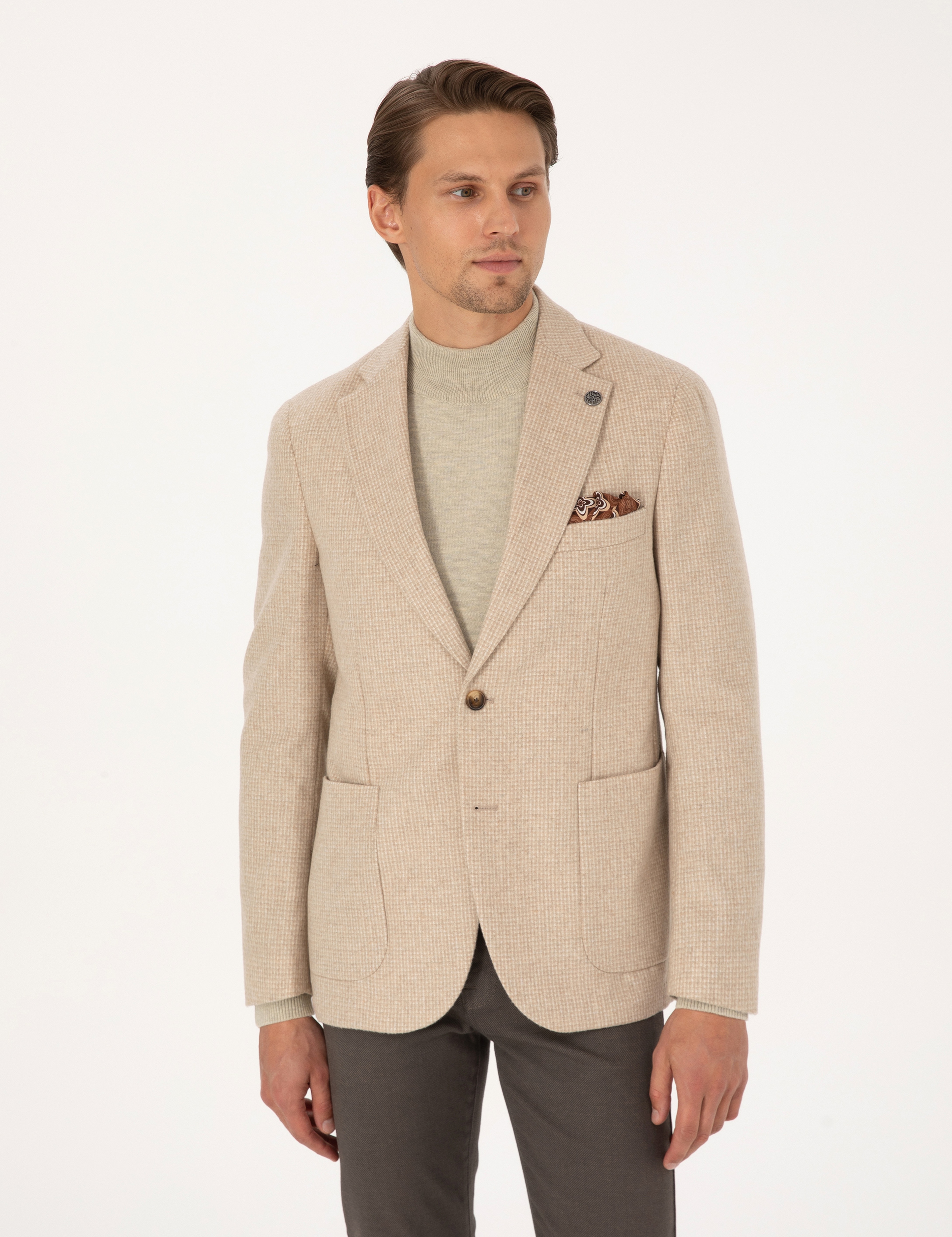 Bej Slim Fit Yün Karışımlı Ceket - Image 3