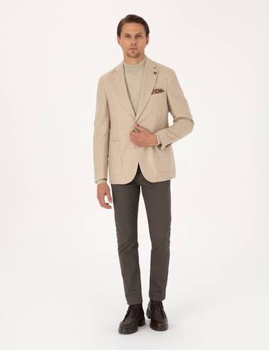 Bej Slim Fit Yün Karışımlı Ceket