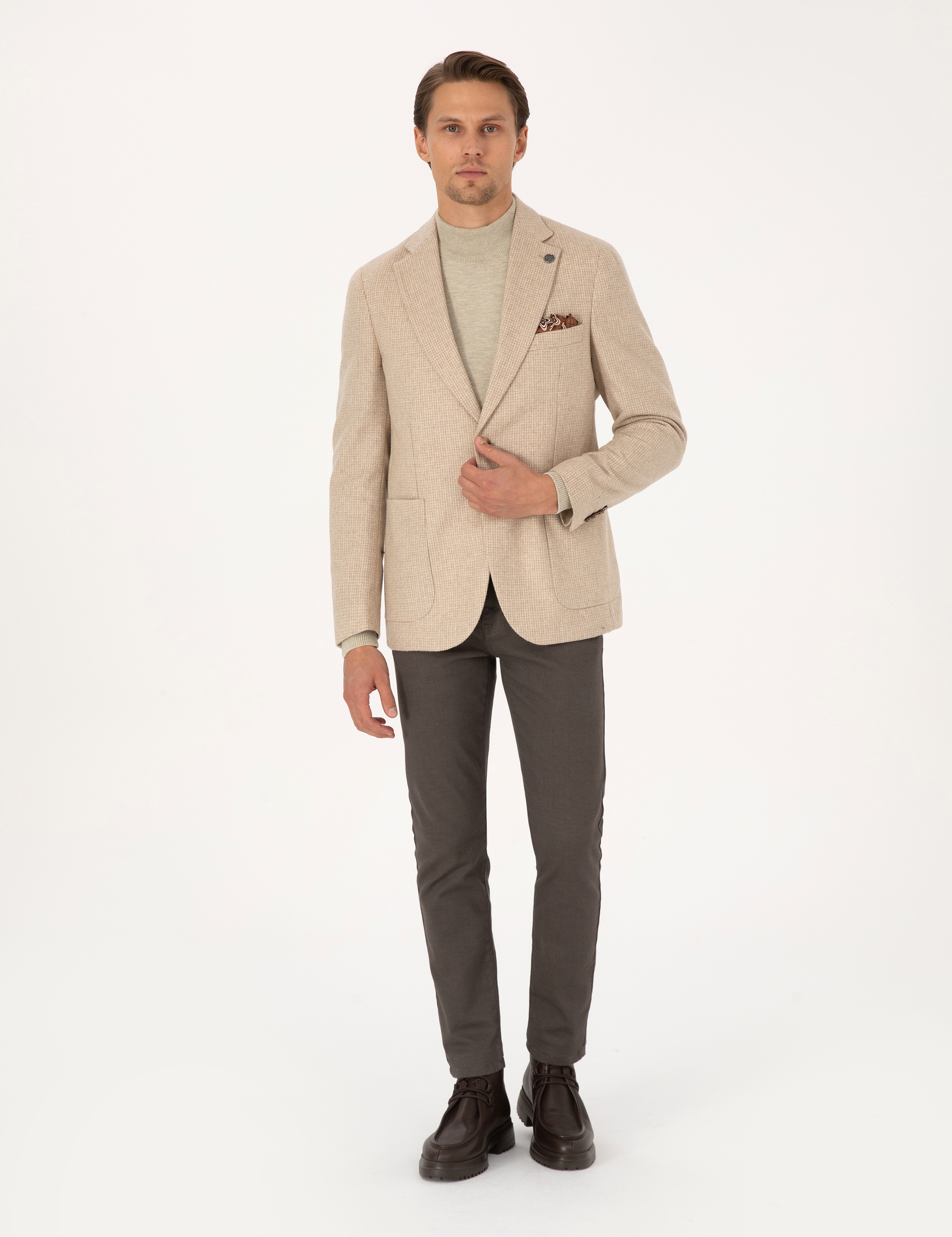 Bej Slim Fit Yün Karışımlı Ceket - Image 4
