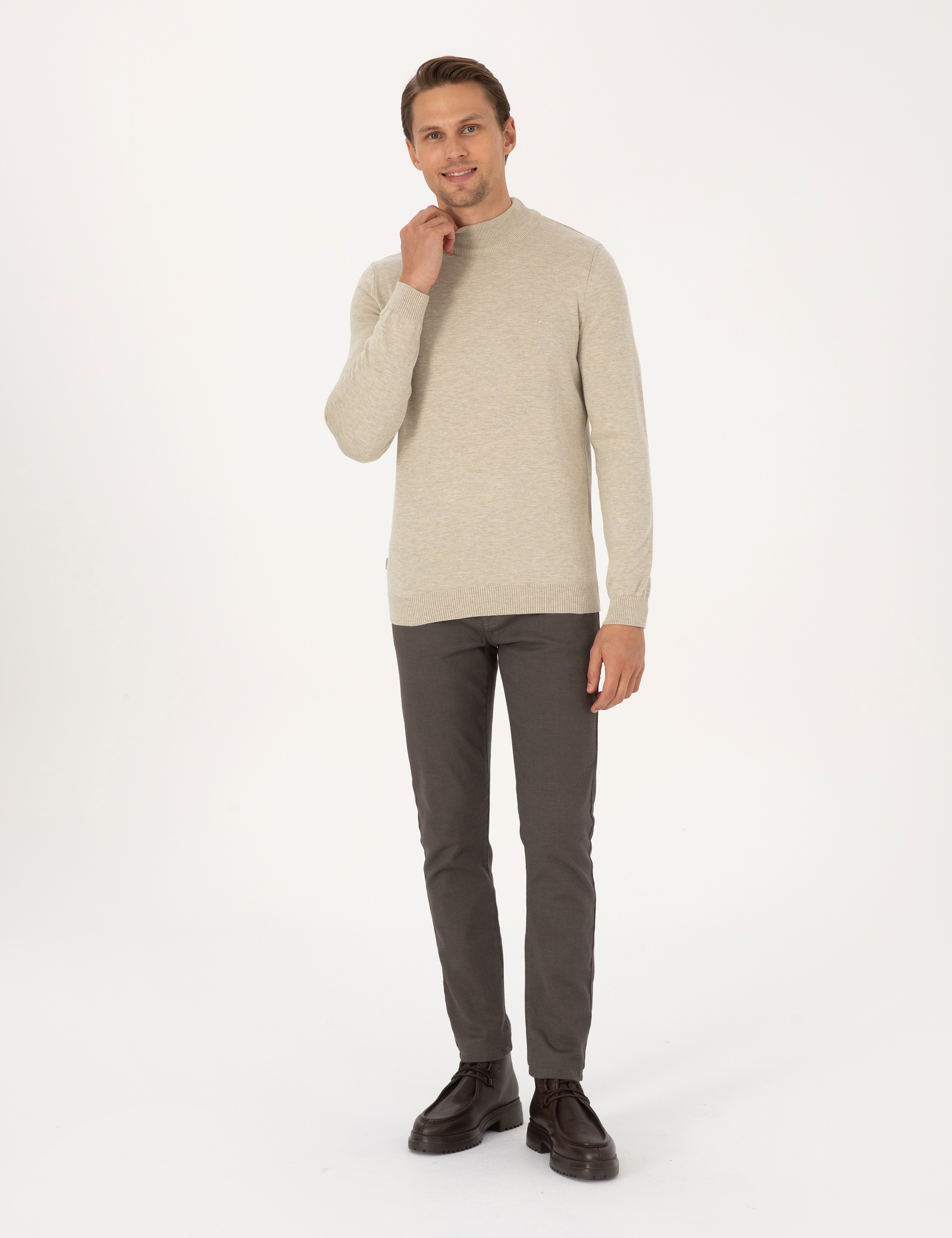 Kum Melanj Slim Fit Yarım Balıkçı Yaka Basic Triko Kazak - Image 4