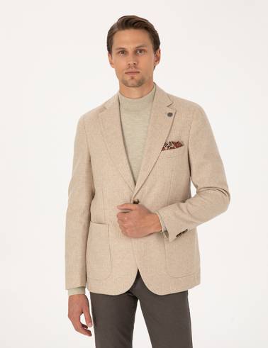 Bej Slim Fit Yün Karışımlı Ceket