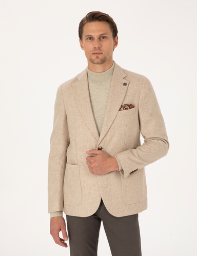 Bej Slim Fit Yün Karışımlı Ceket