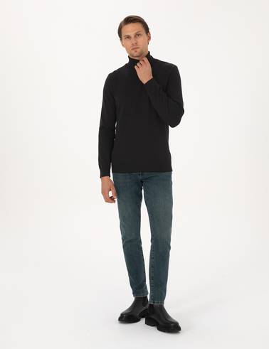 Siyah Slim Fit Balıkçı Yaka Basic Triko Kazak