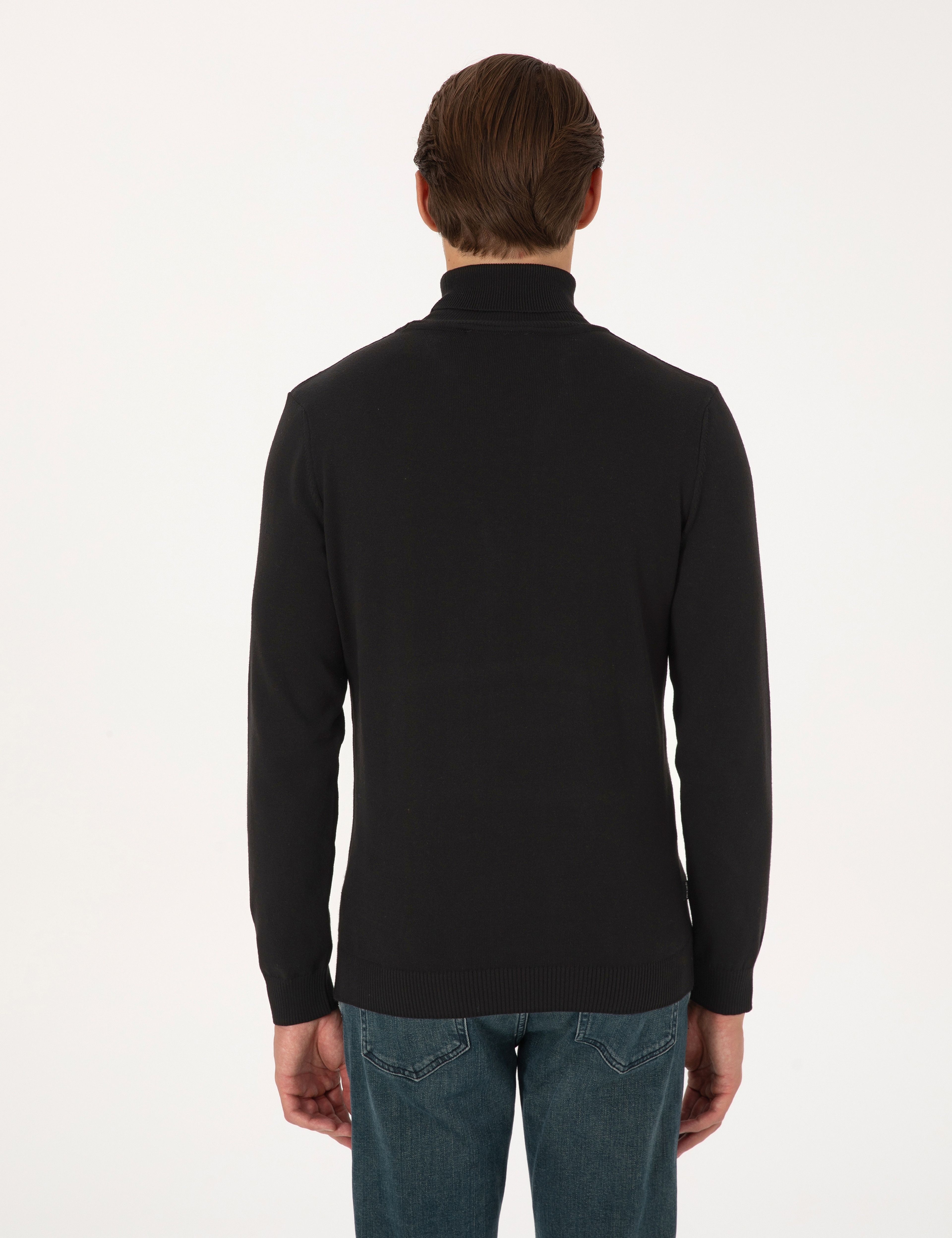 Siyah Slim Fit Balıkçı Yaka Basic Triko Kazak