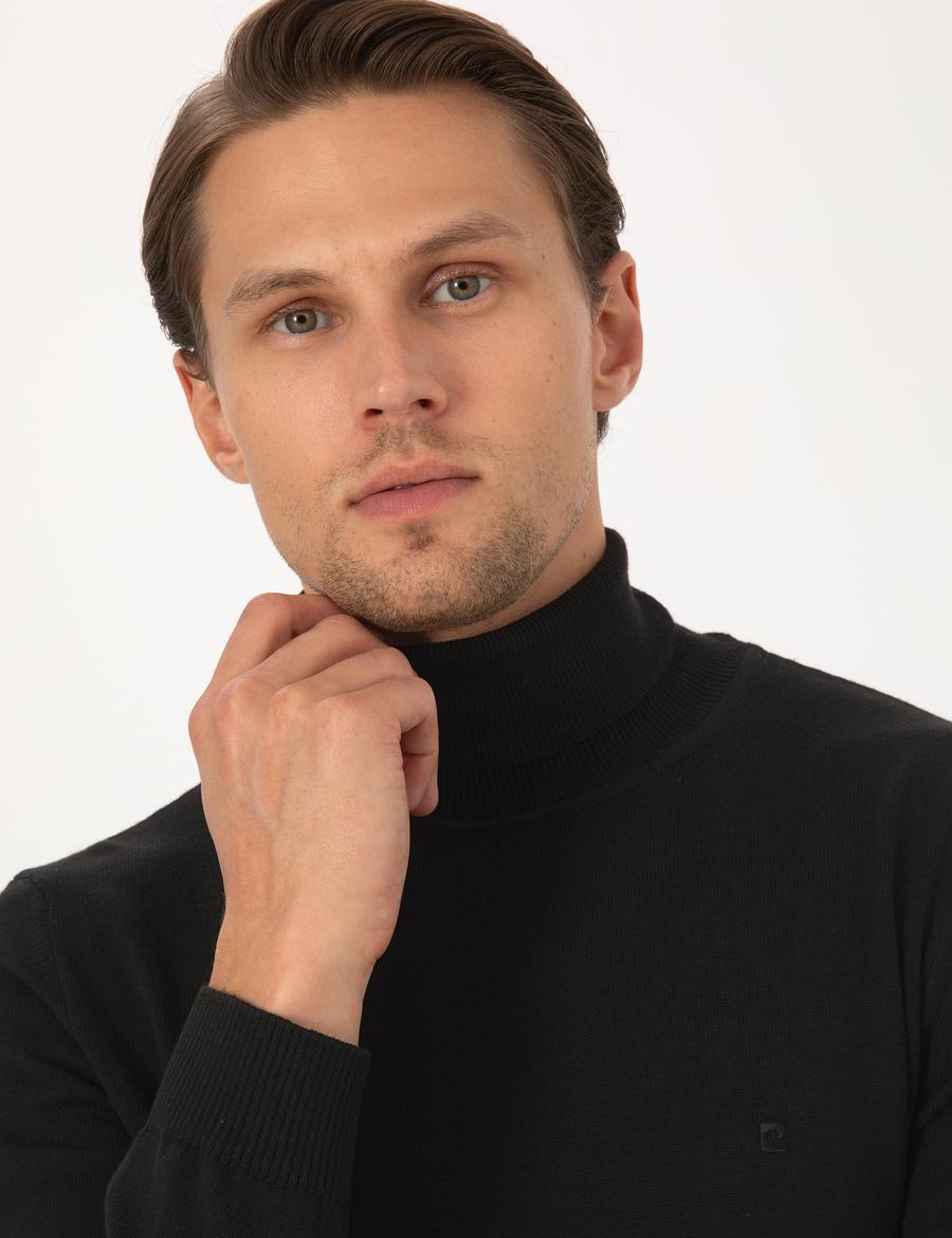 Siyah Slim Fit Balıkçı Yaka Basic Triko Kazak