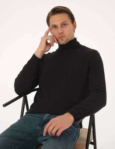 Siyah Slim Fit Balıkçı Yaka Basic Triko Kazak