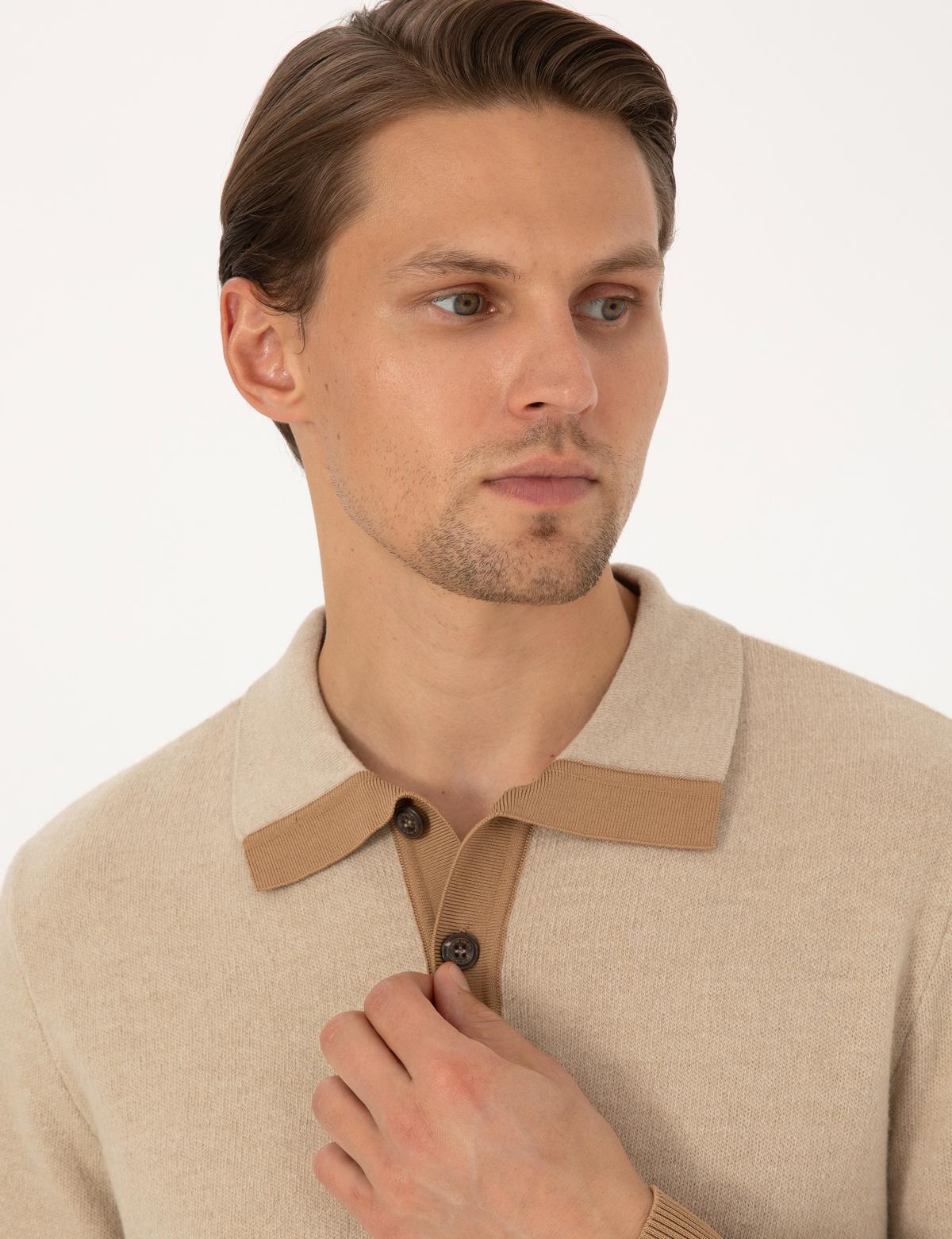 Bej Regular Fit %100 Yün Polo Yaka Düğmeli Triko Kazak - 50315761026