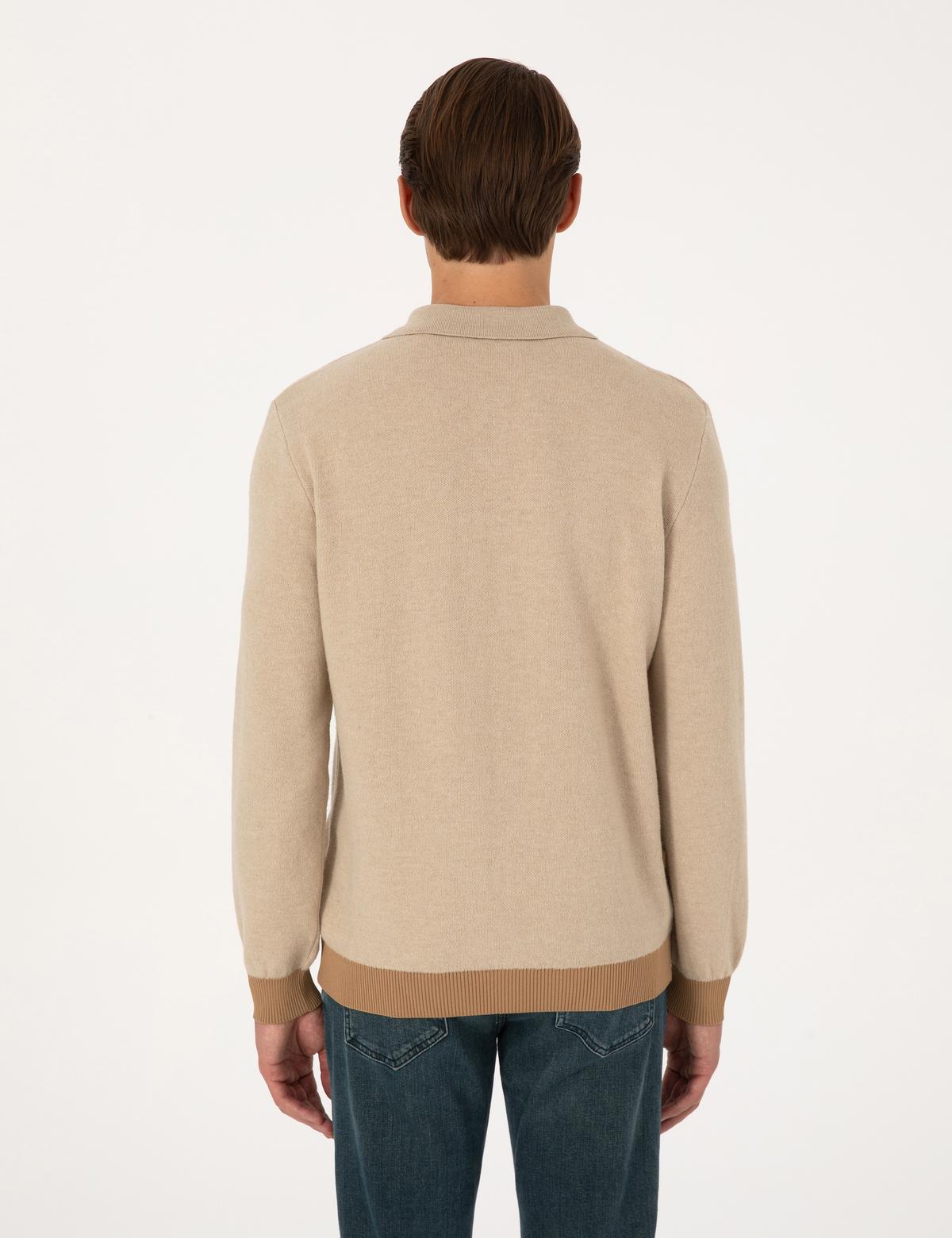 Bej Regular Fit %100 Yün Polo Yaka Düğmeli Triko Kazak - 50315761026