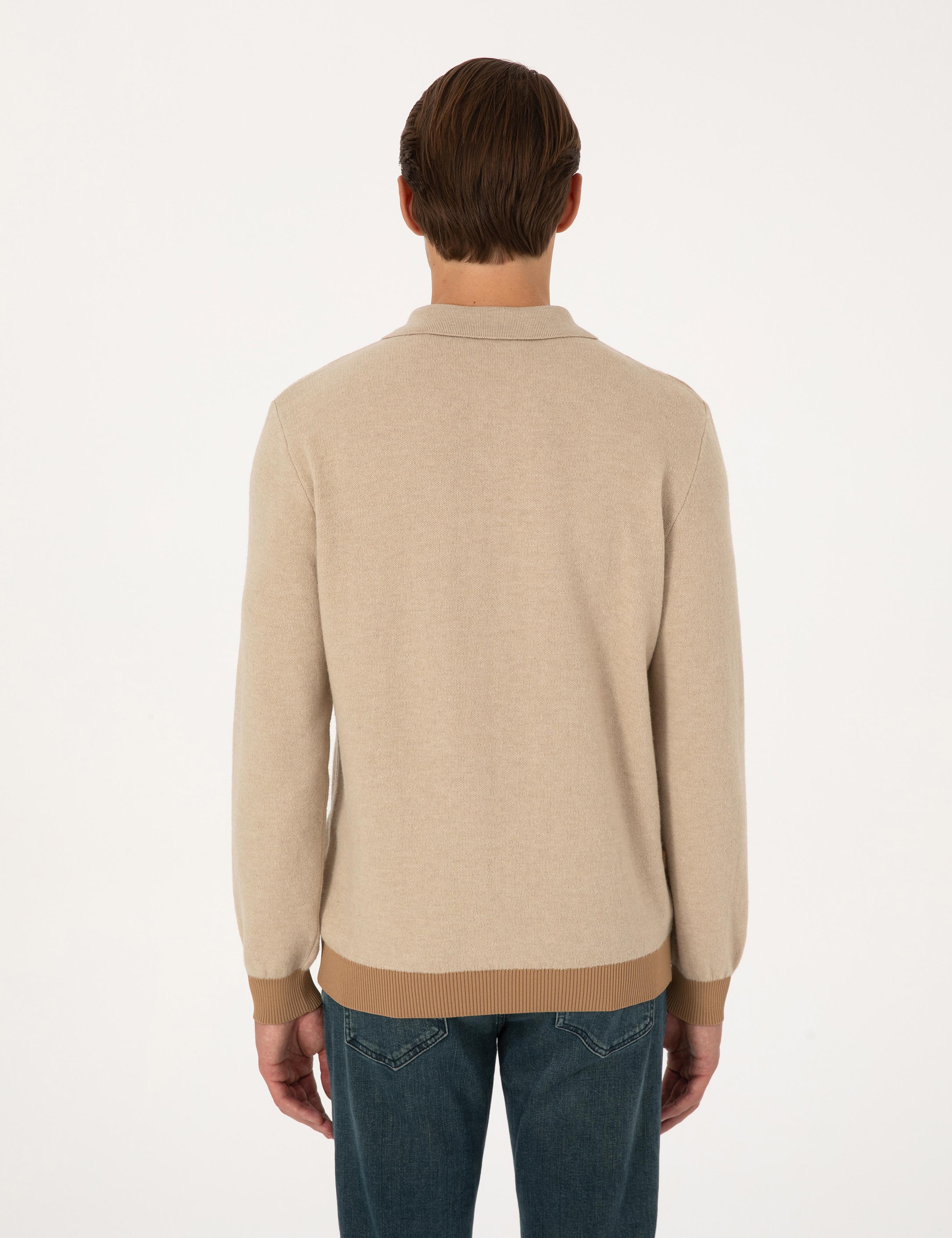 Bej Regular Fit %100 Yün Polo Yaka Düğmeli Triko Kazak