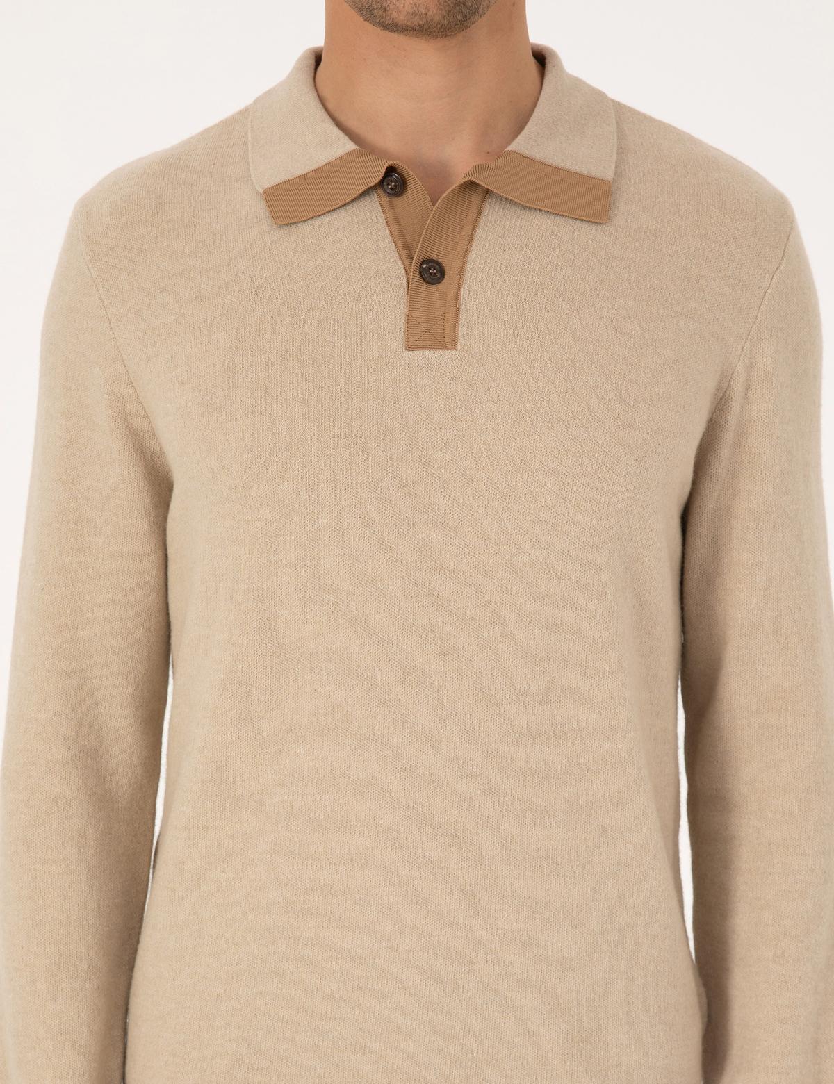 Bej Regular Fit %100 Yün Polo Yaka Düğmeli Triko Kazak - 50315761026