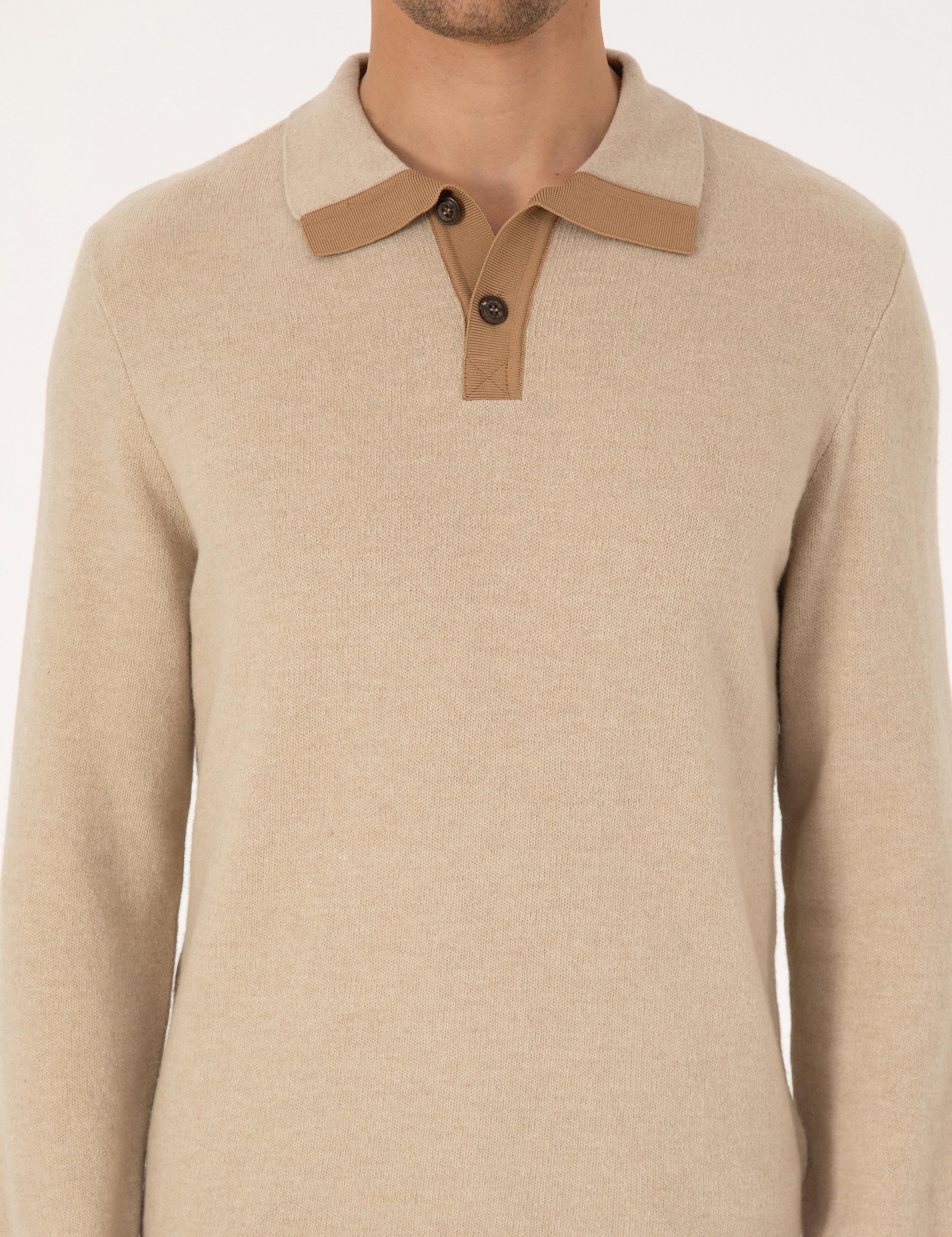 Bej Regular Fit %100 Yün Polo Yaka Düğmeli Triko Kazak