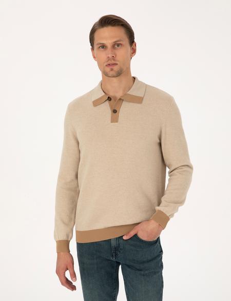 Bej Regular Fit %100 Yün Polo Yaka Düğmeli Triko Kazak - 50315761026