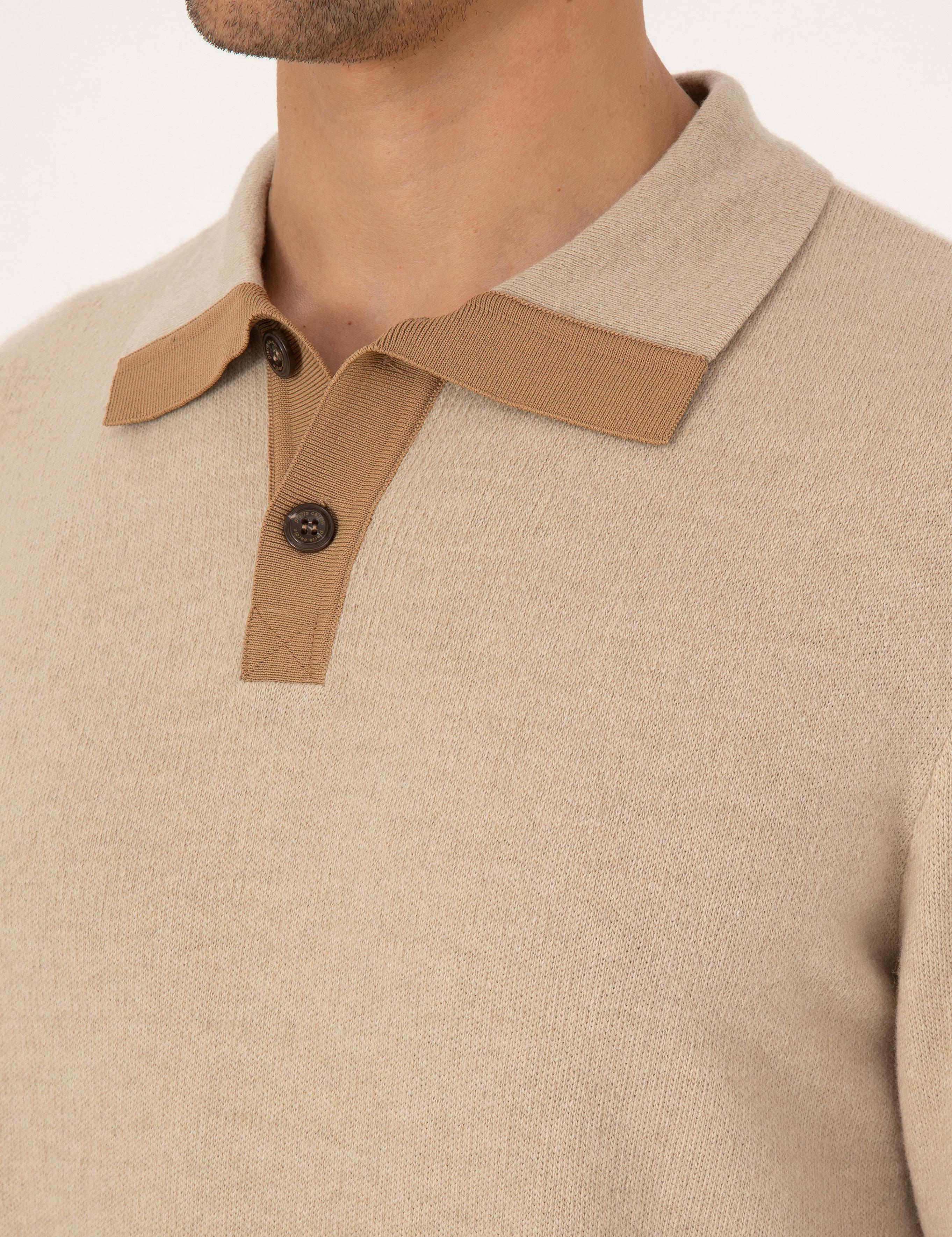 Bej Regular Fit %100 Yün Polo Yaka Düğmeli Triko Kazak
