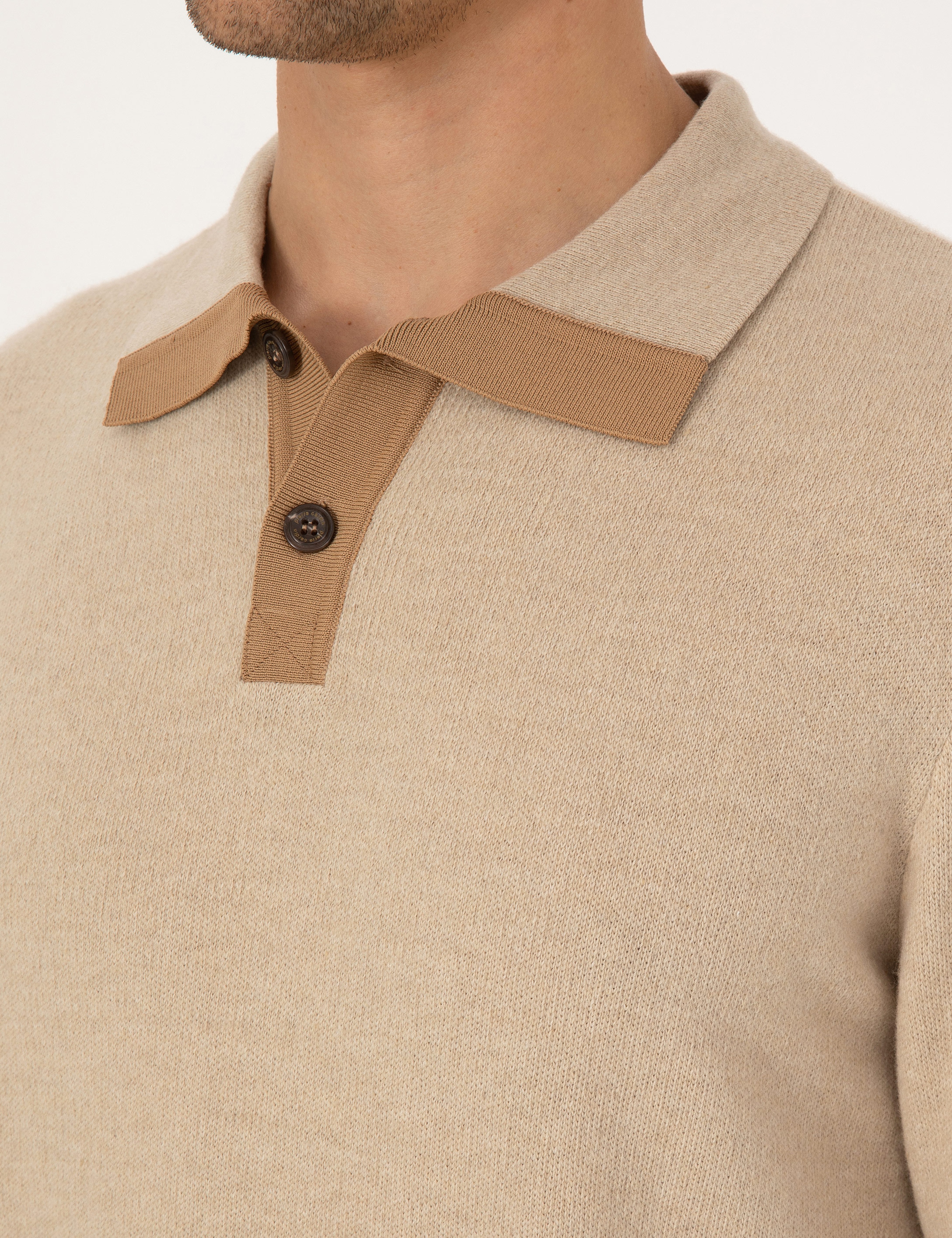 Bej Regular Fit %100 Yün Polo Yaka Düğmeli Triko Kazak - Image 7