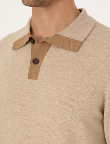 Bej Regular Fit %100 Yün Polo Yaka Düğmeli Triko Kazak - 50315761026