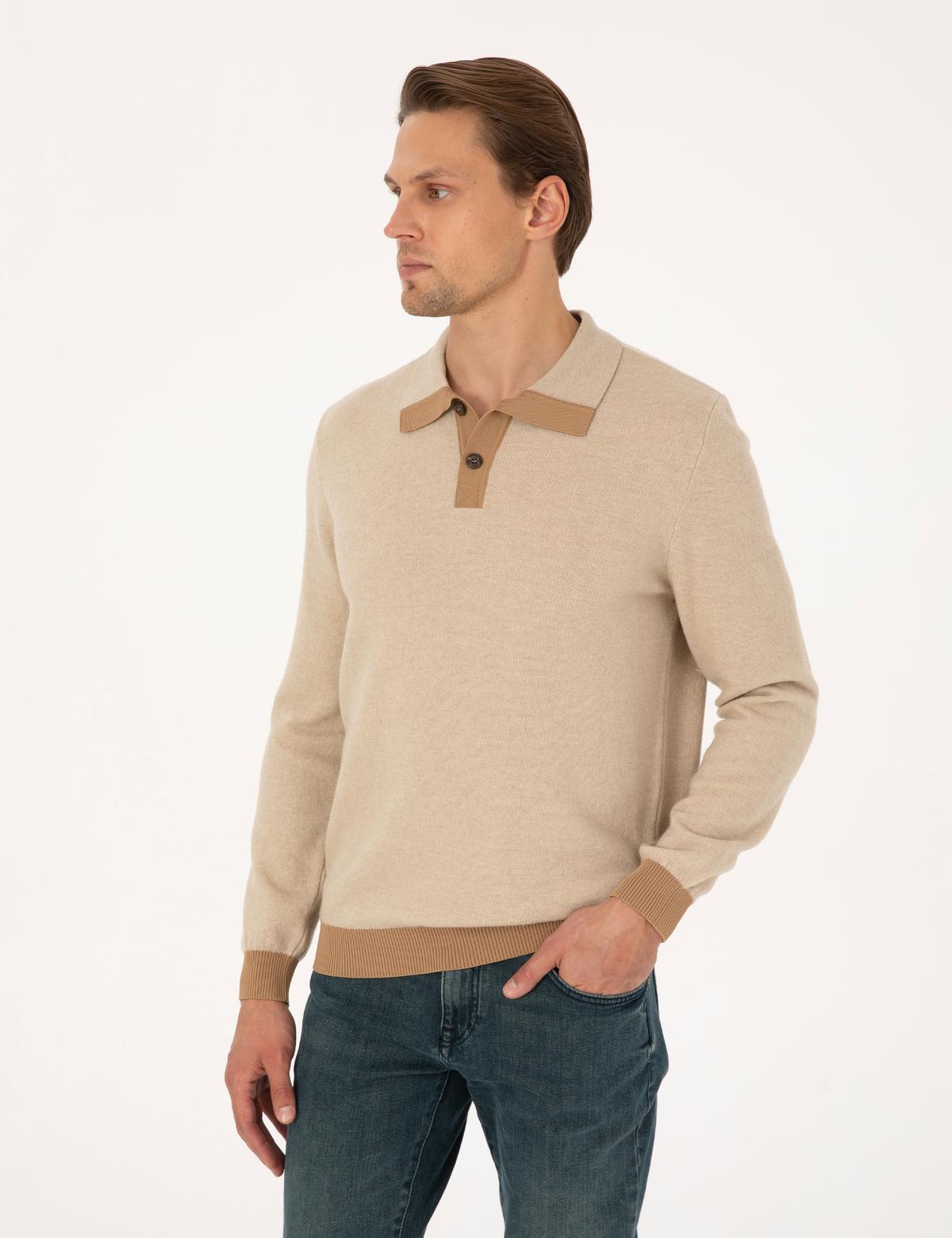 Bej Regular Fit %100 Yün Polo Yaka Düğmeli Triko Kazak - 50315761026